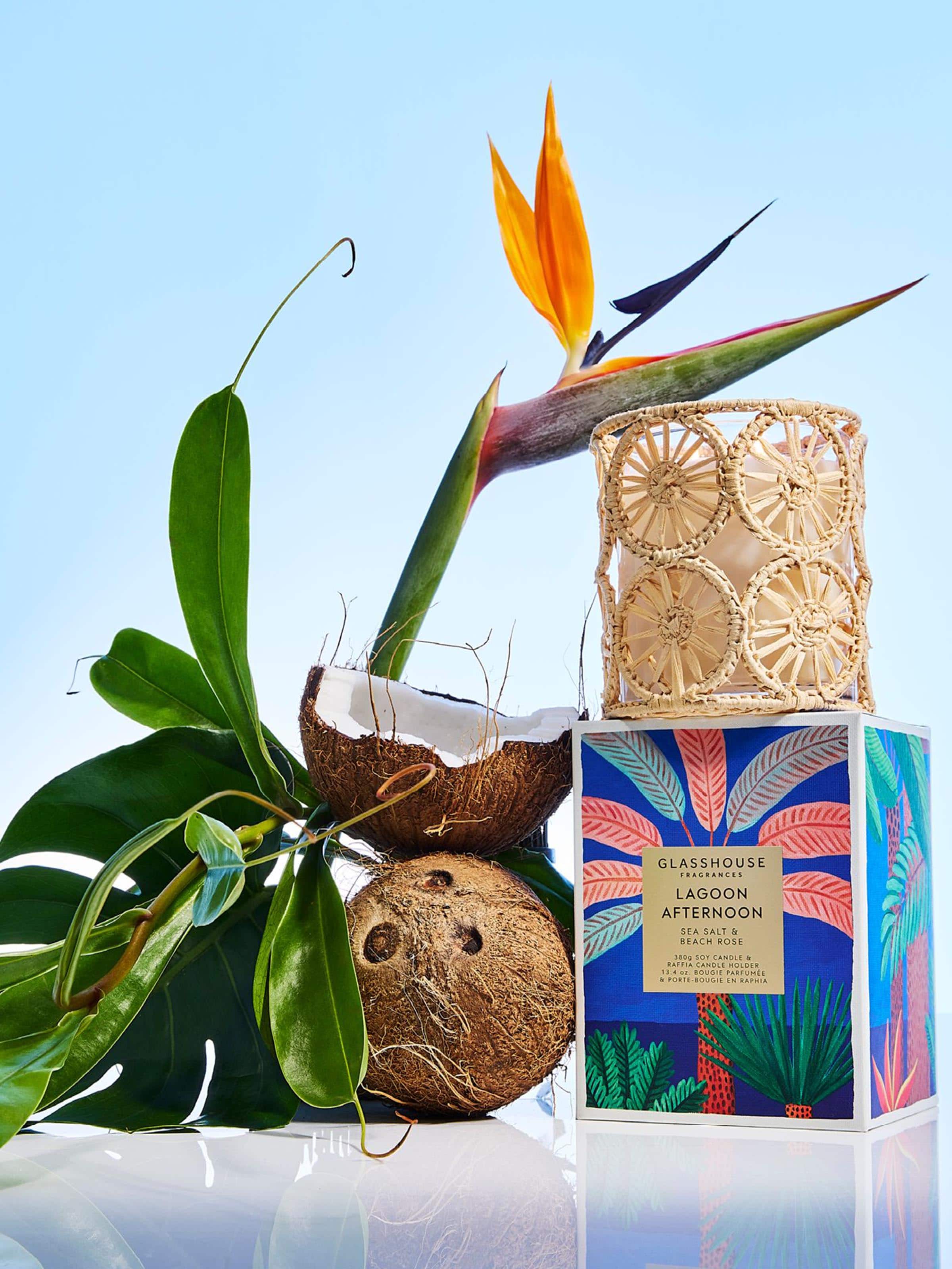 Glasshouse Fragrances Limited Edition Lagoon Afternoon 380G Candle & Raffia Candle Holder