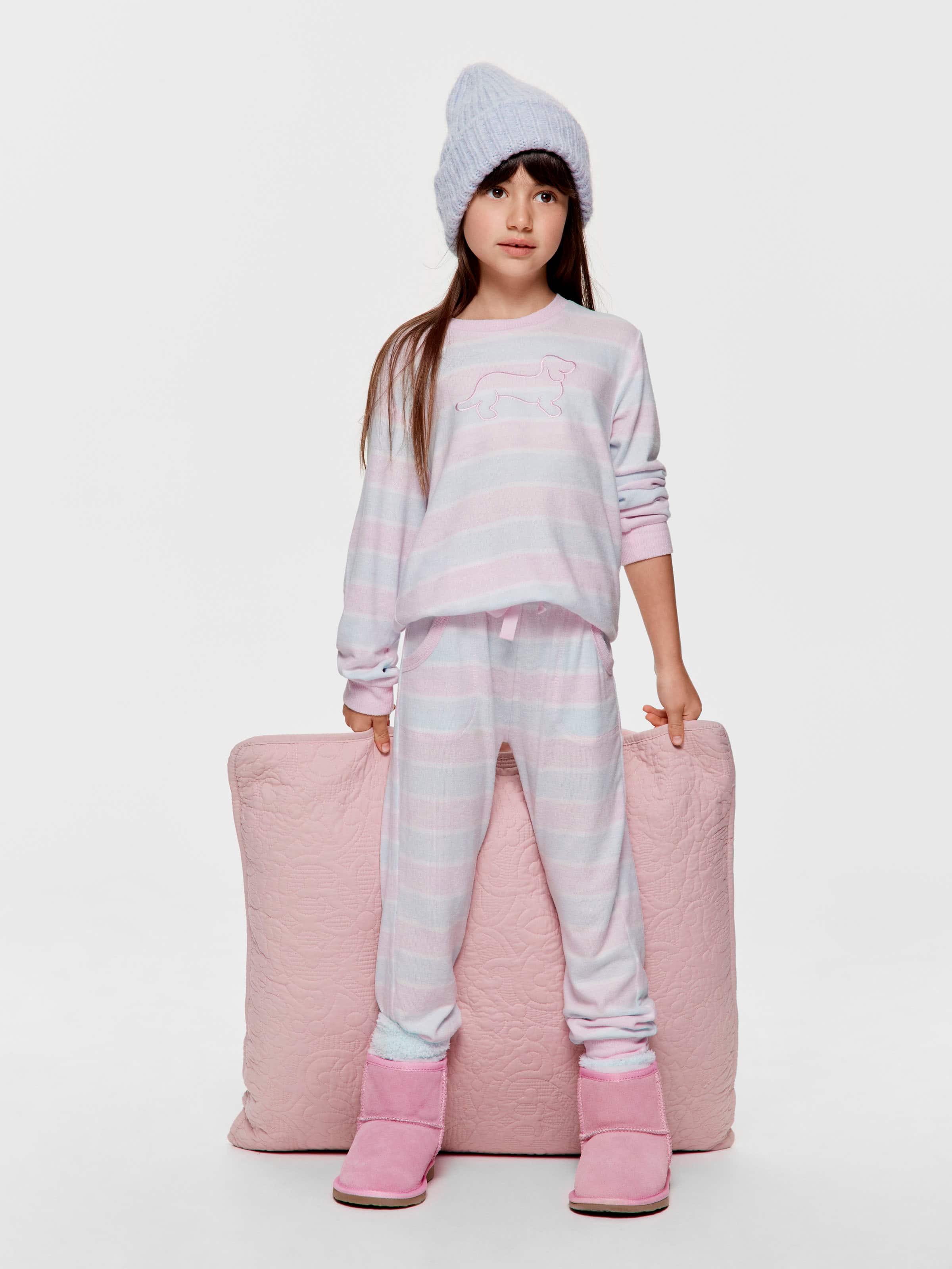 Jnr Girls Pastel Stripes Long Fuzzy Pj Set