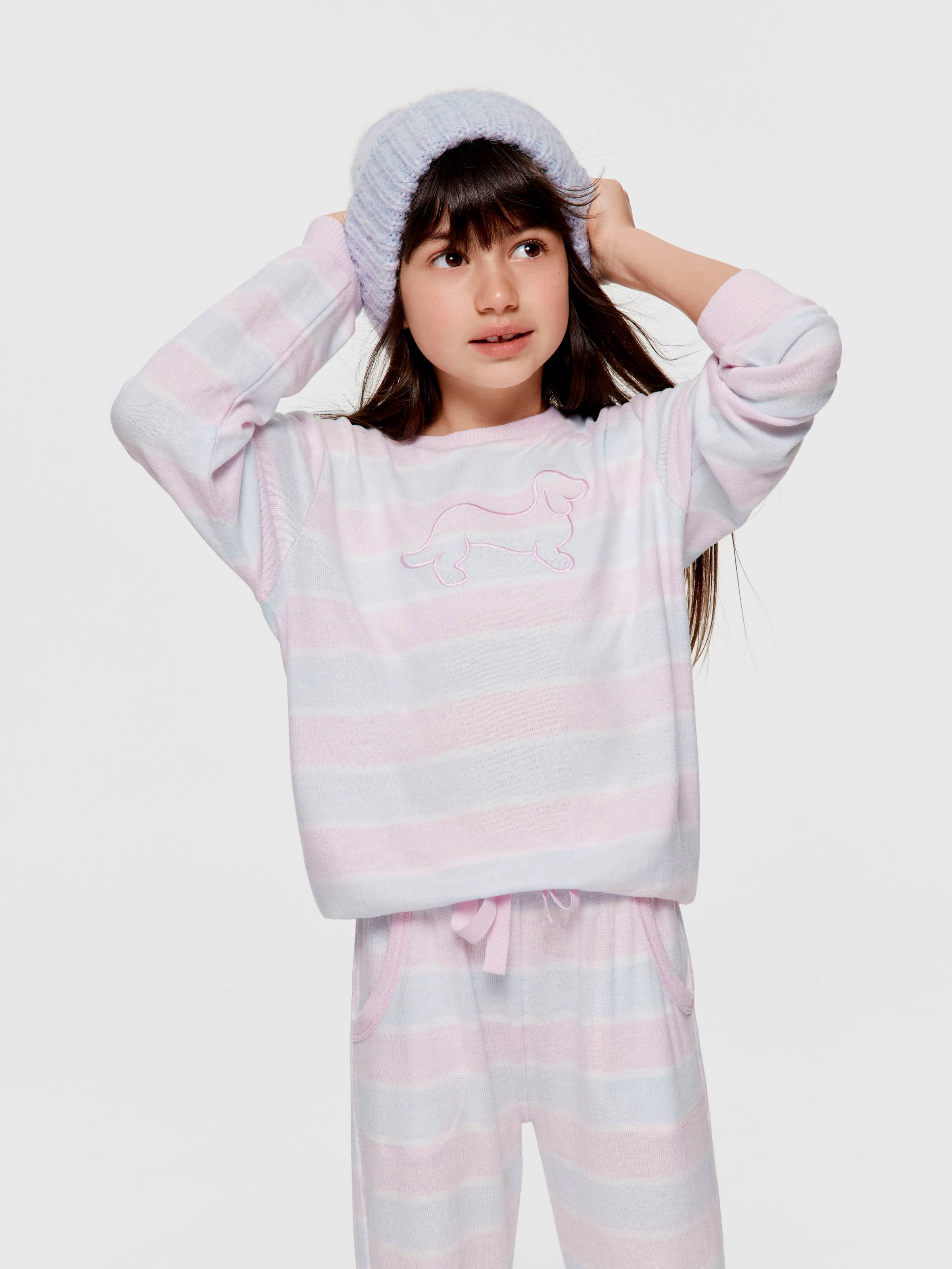 Jnr Girls Pastel Stripes Long Fuzzy Pj Set