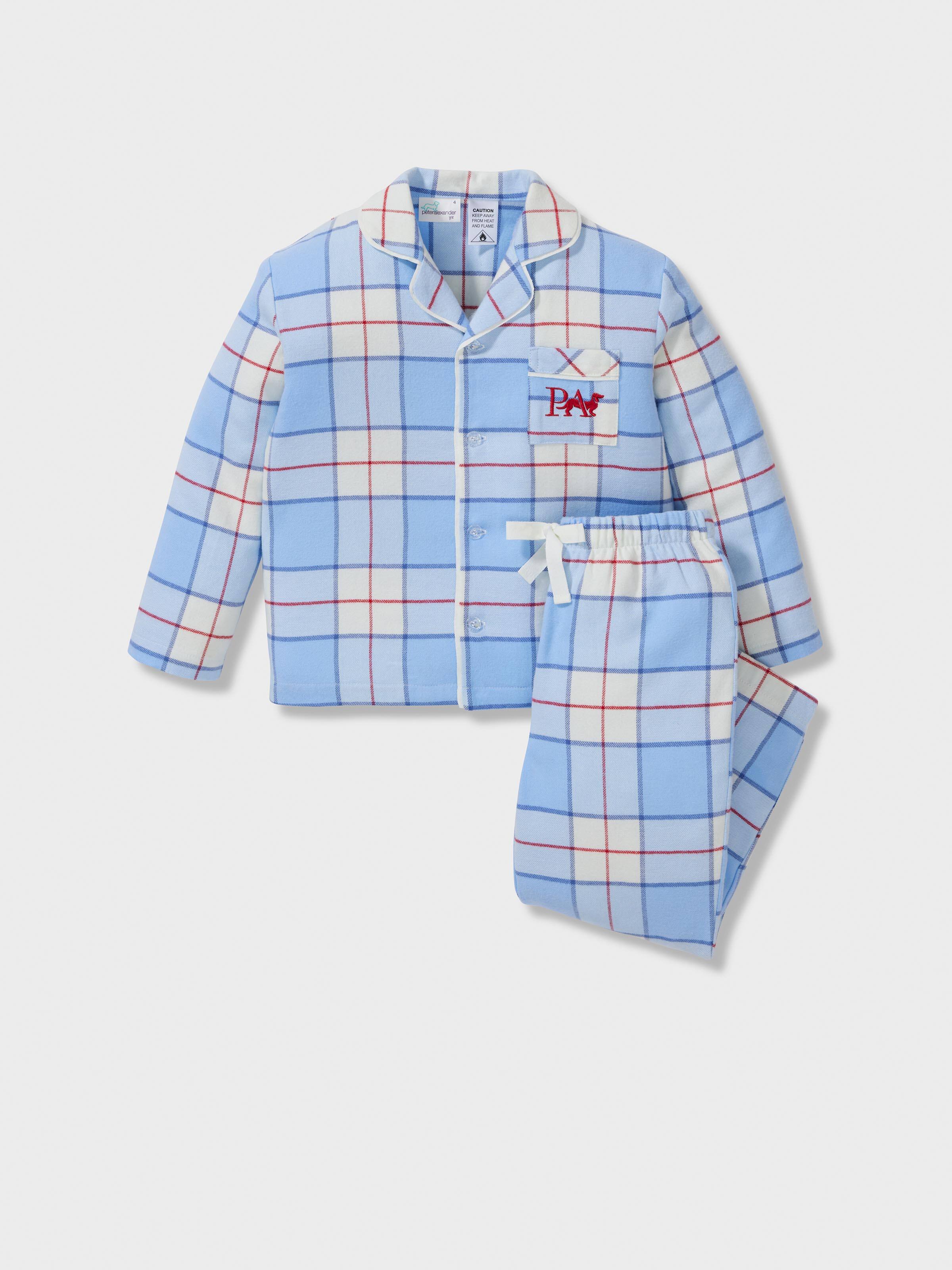 Jnr Kids Blue Check 100% Cotton Long Classic Pj Set