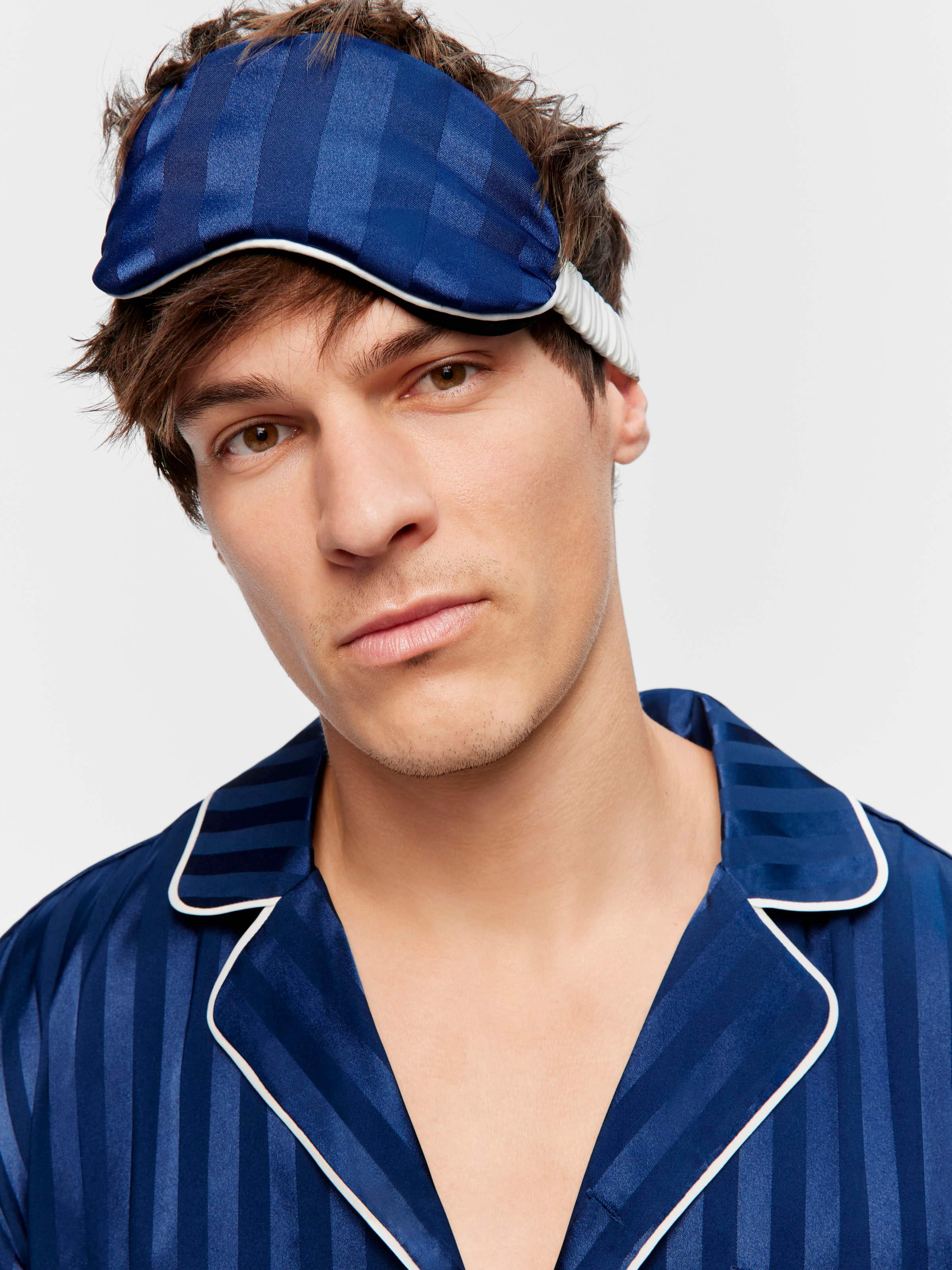 Navy Self Stripe Satin Eye Mask