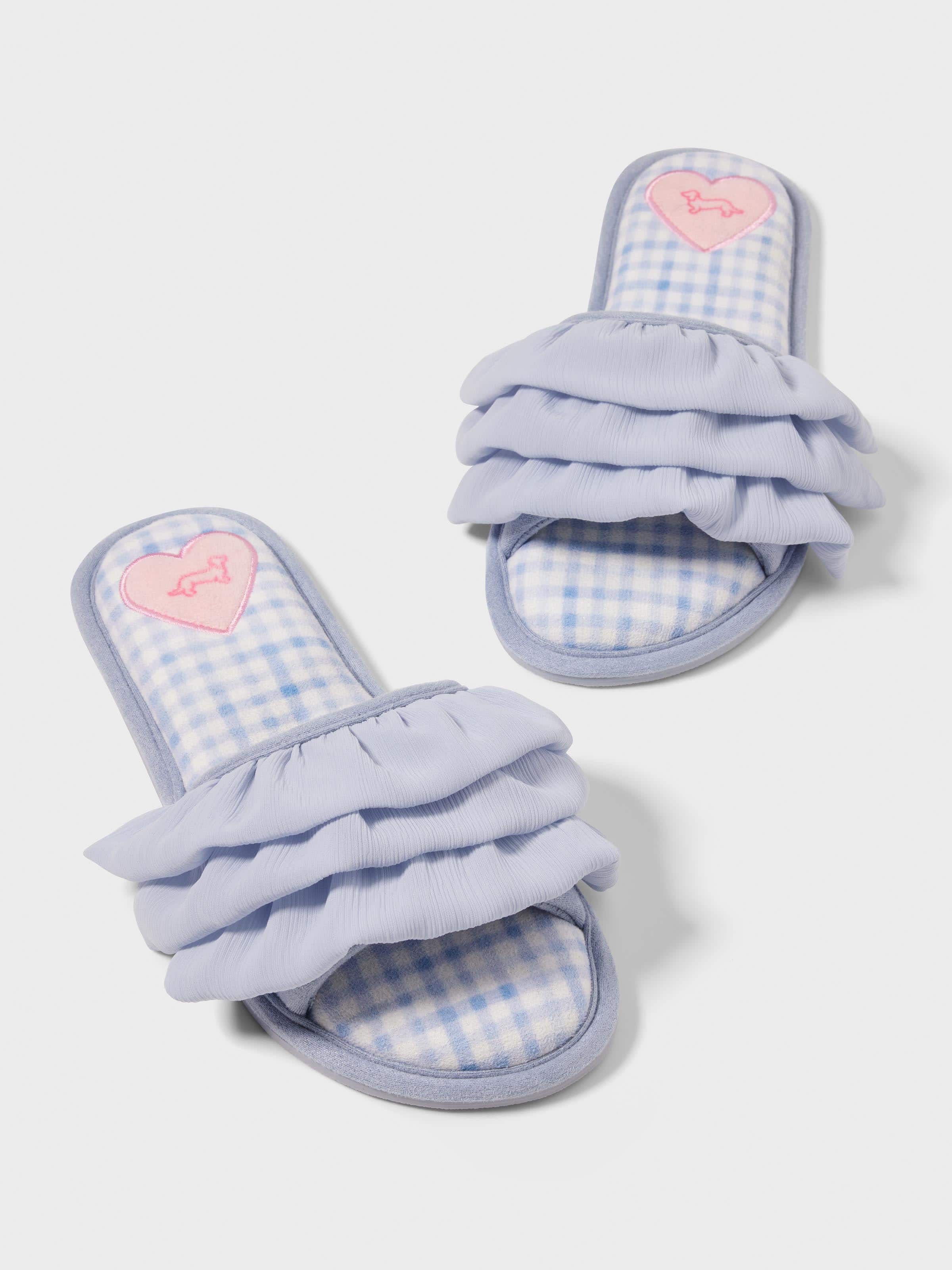 Blue Gingham Ruffle Slide