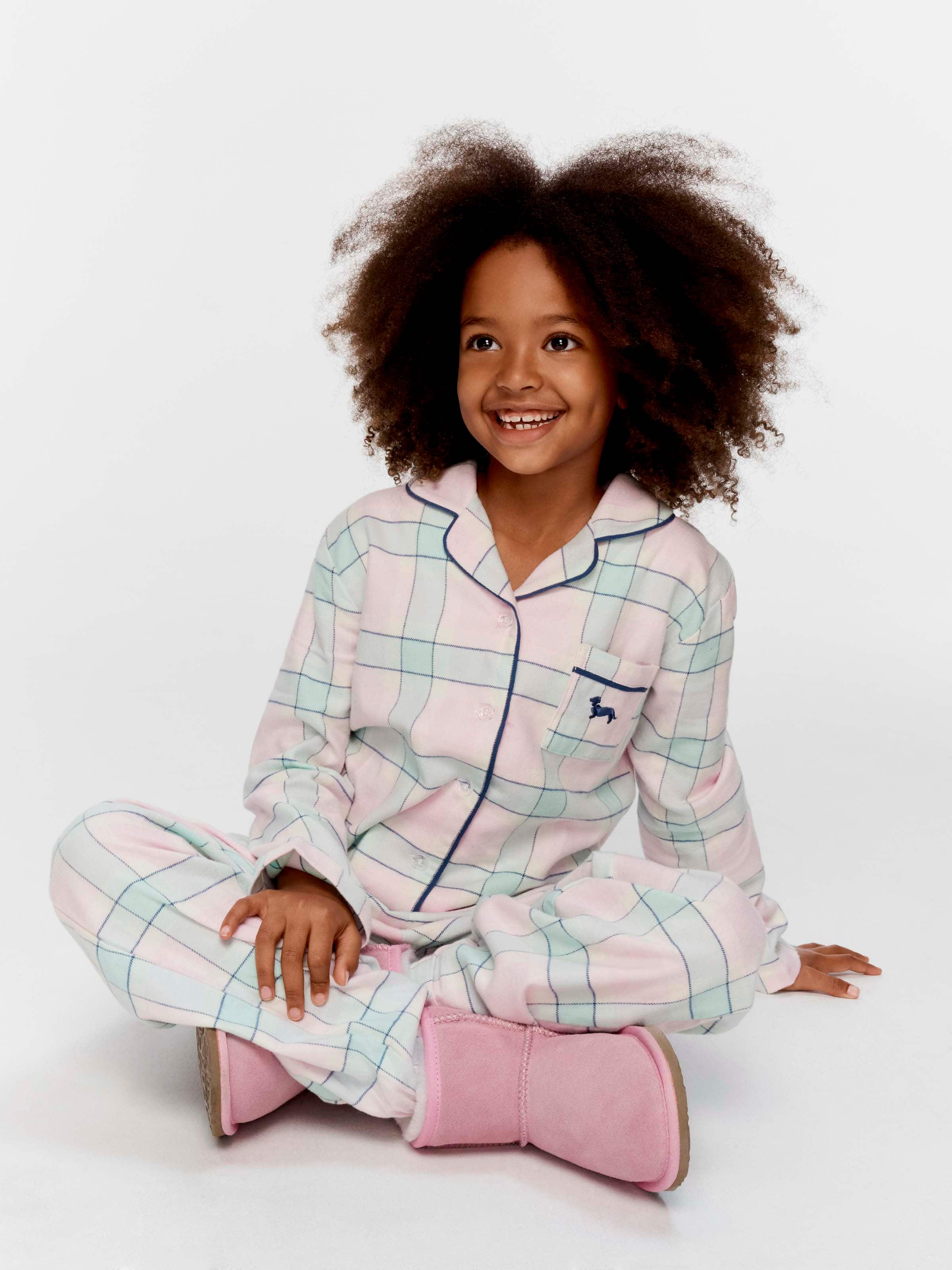 Girls Pink Check 100% Cotton Classic Long Pj Set