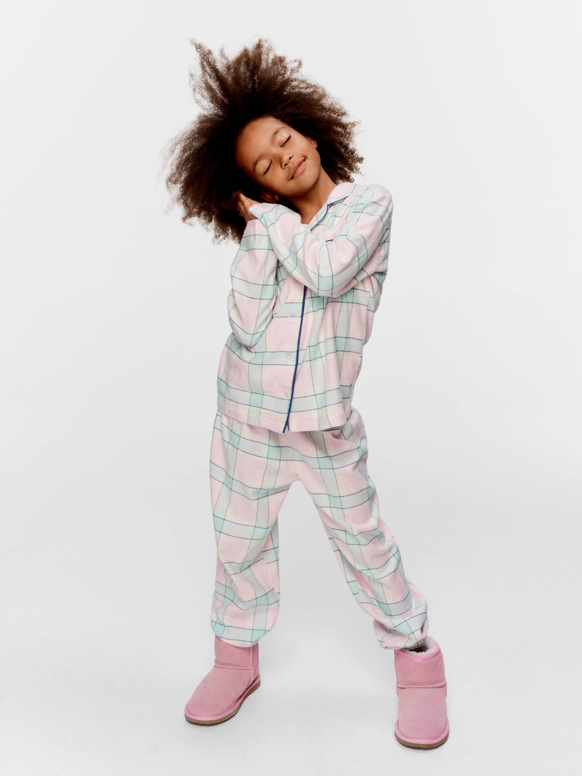 Girls Pink Check 100% Cotton Classic Long Pj Set