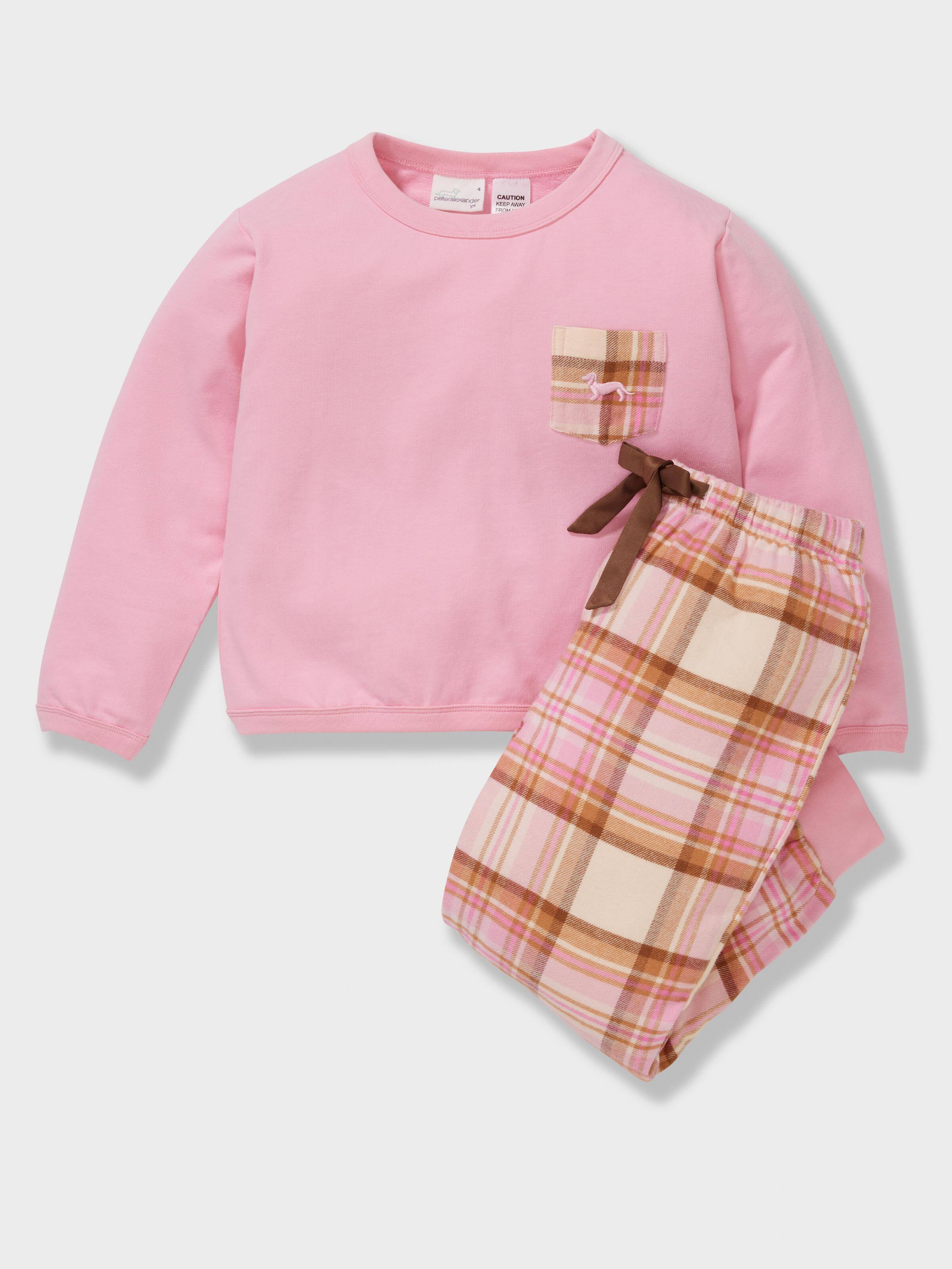Girls Pink Check Long Pj Set