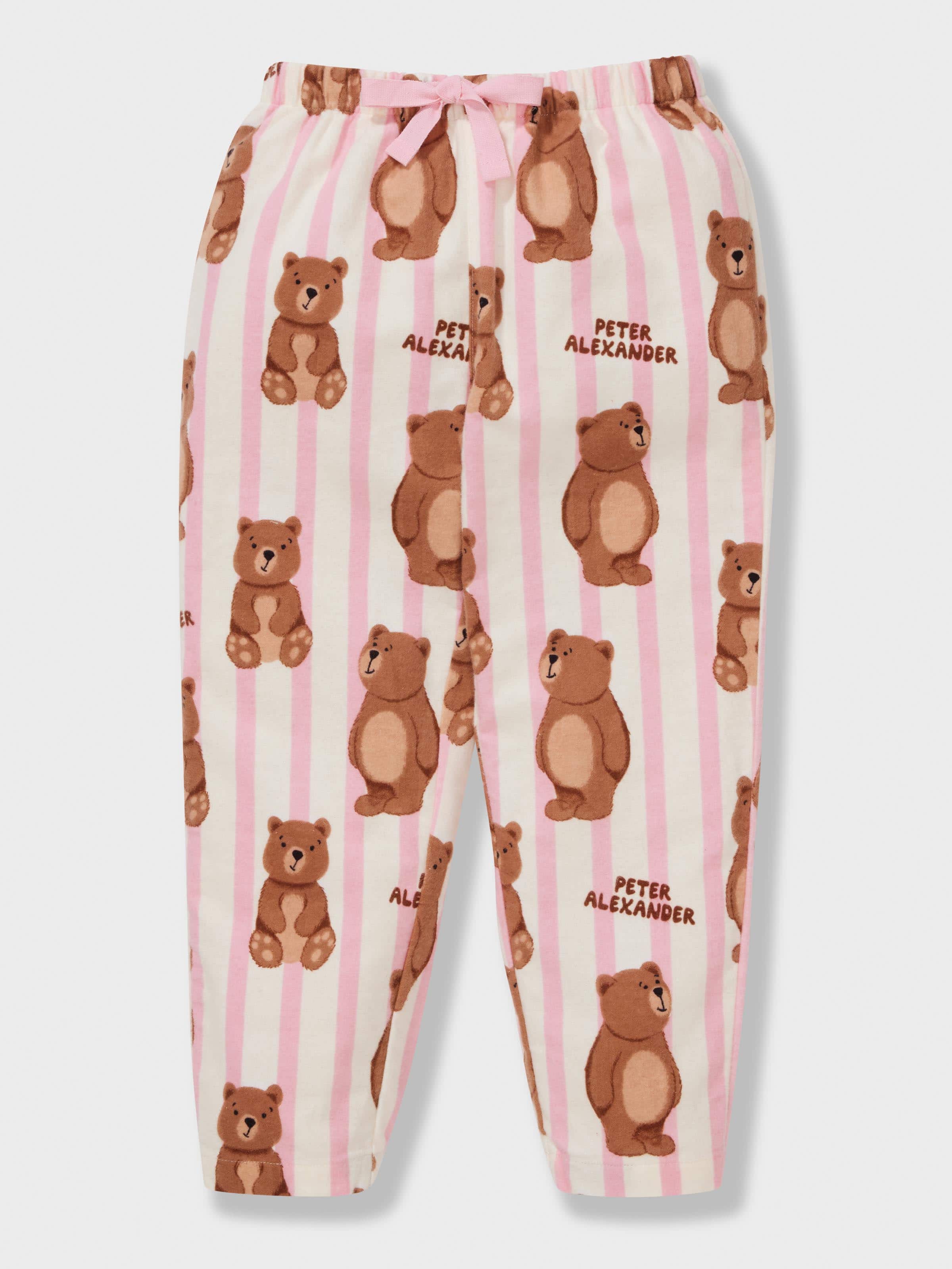 Jnr Girls Bear Stripe 100% Cotton Flan Long Classic Pj Set