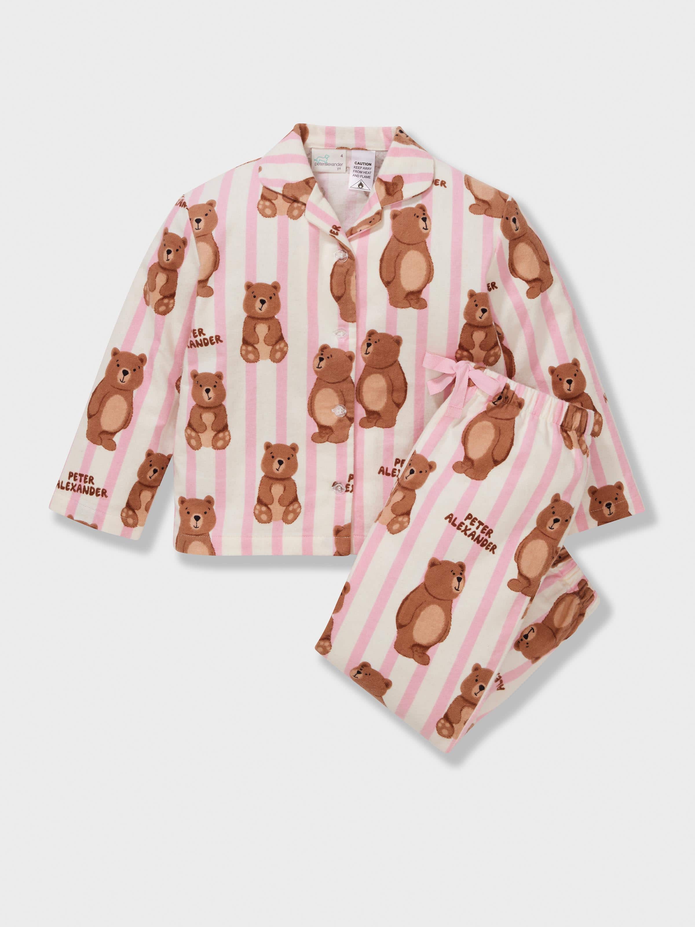 Girls Bear Stripe 100% Cotton Flan Long Classic Pj Set