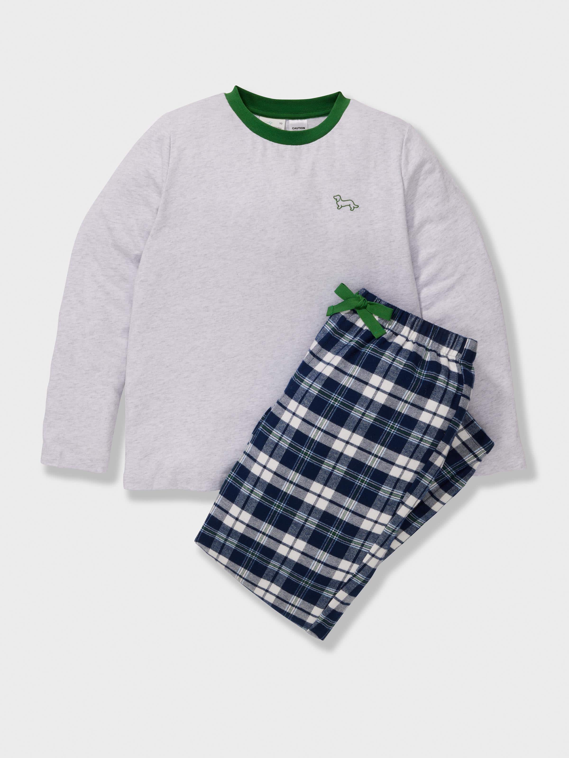 Boys Navy Check 100% Cotton Long Pj Set