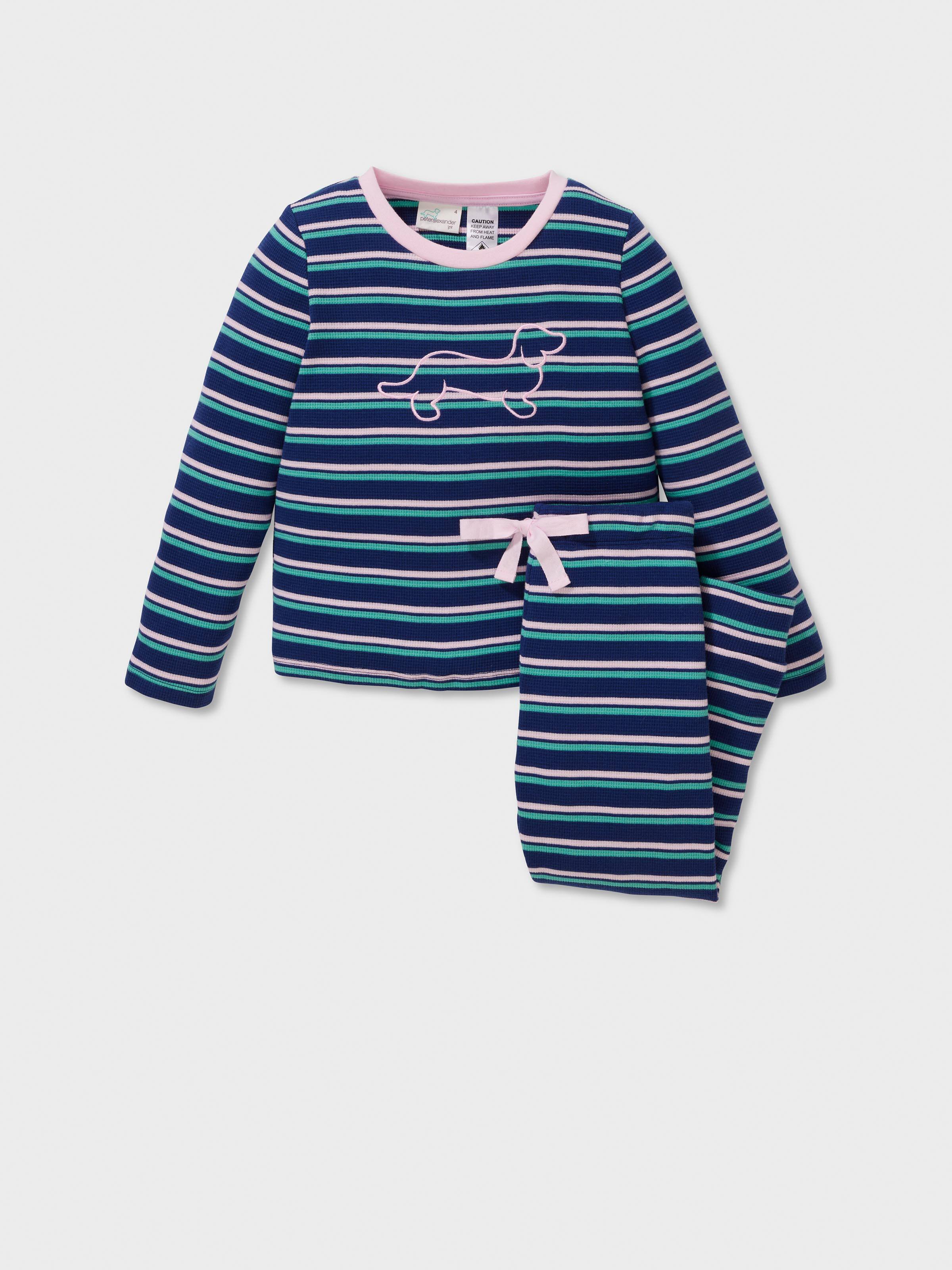 Jnr Girls Navy Waffle Stripe Long Pj Set