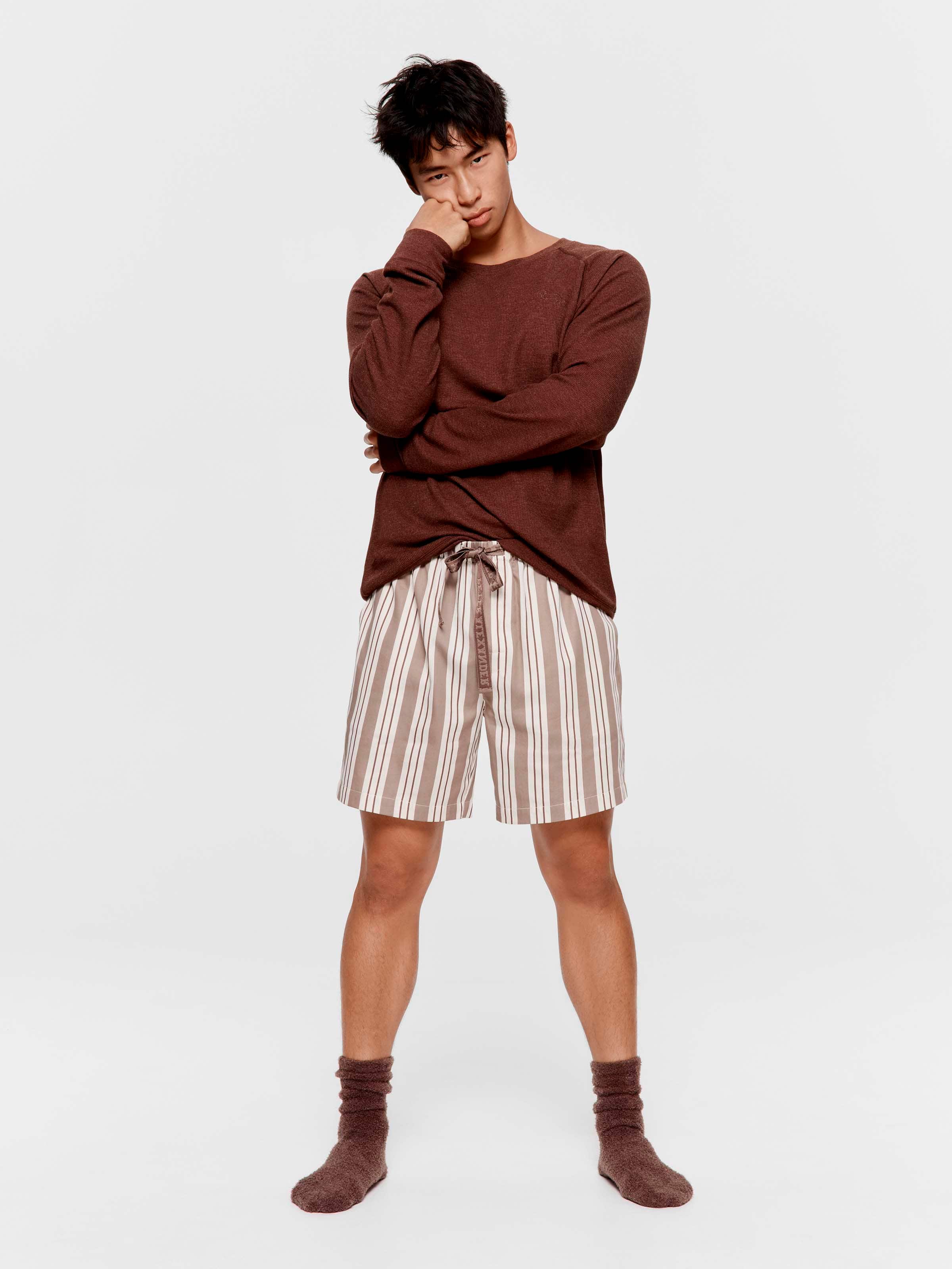 Mocha Stripe 100% Cotton Mid Short