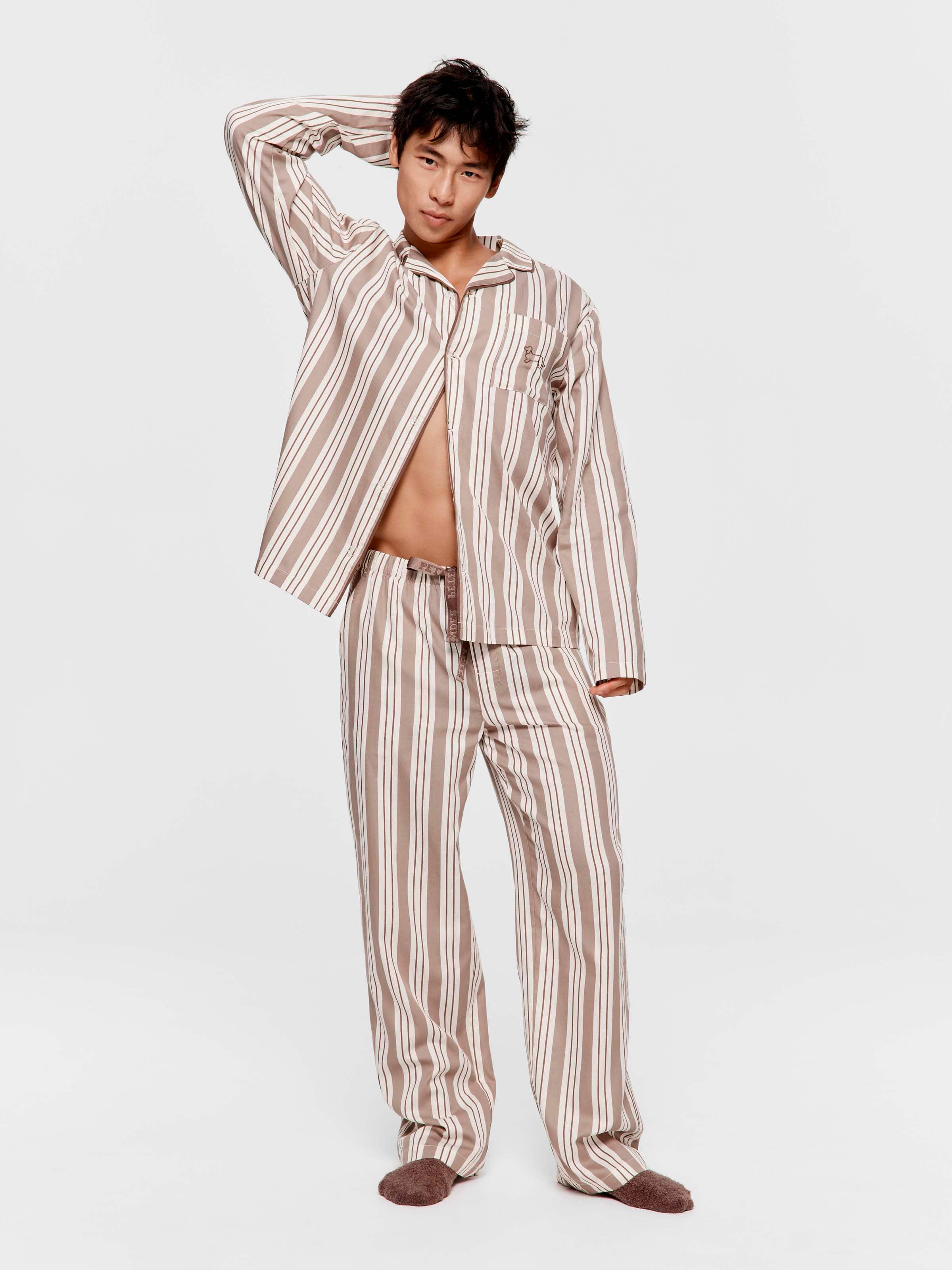 Mocha Stripe 100% Cotton Long Sleeve Classic Pj Set