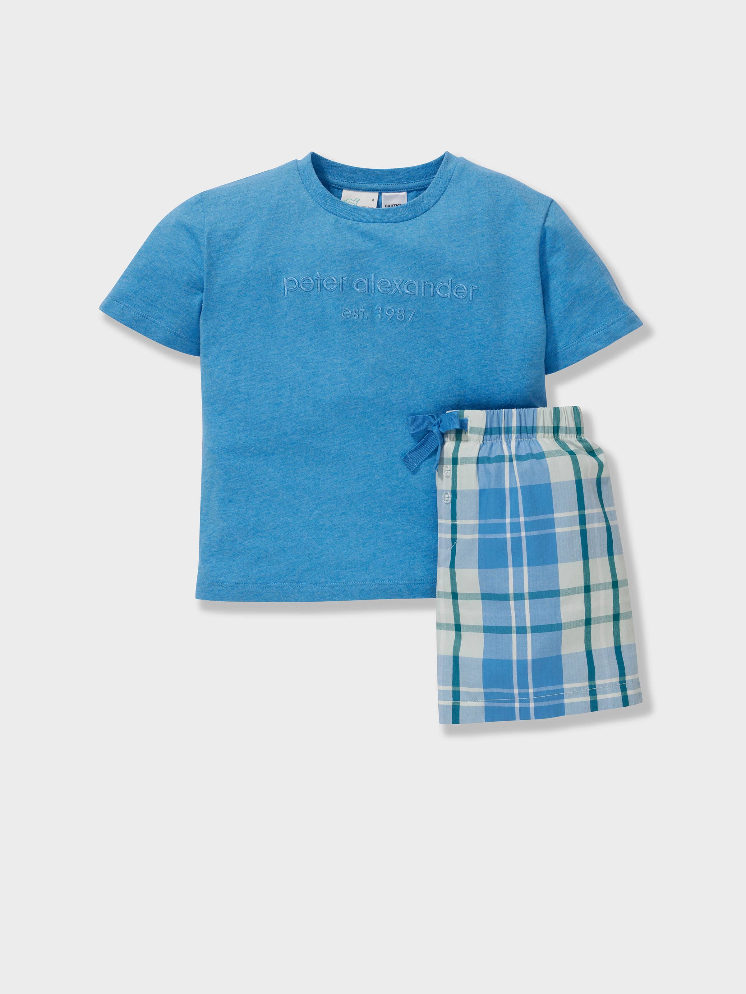 Jnr Boys Blue Check 100% Cotton Short Pj Set