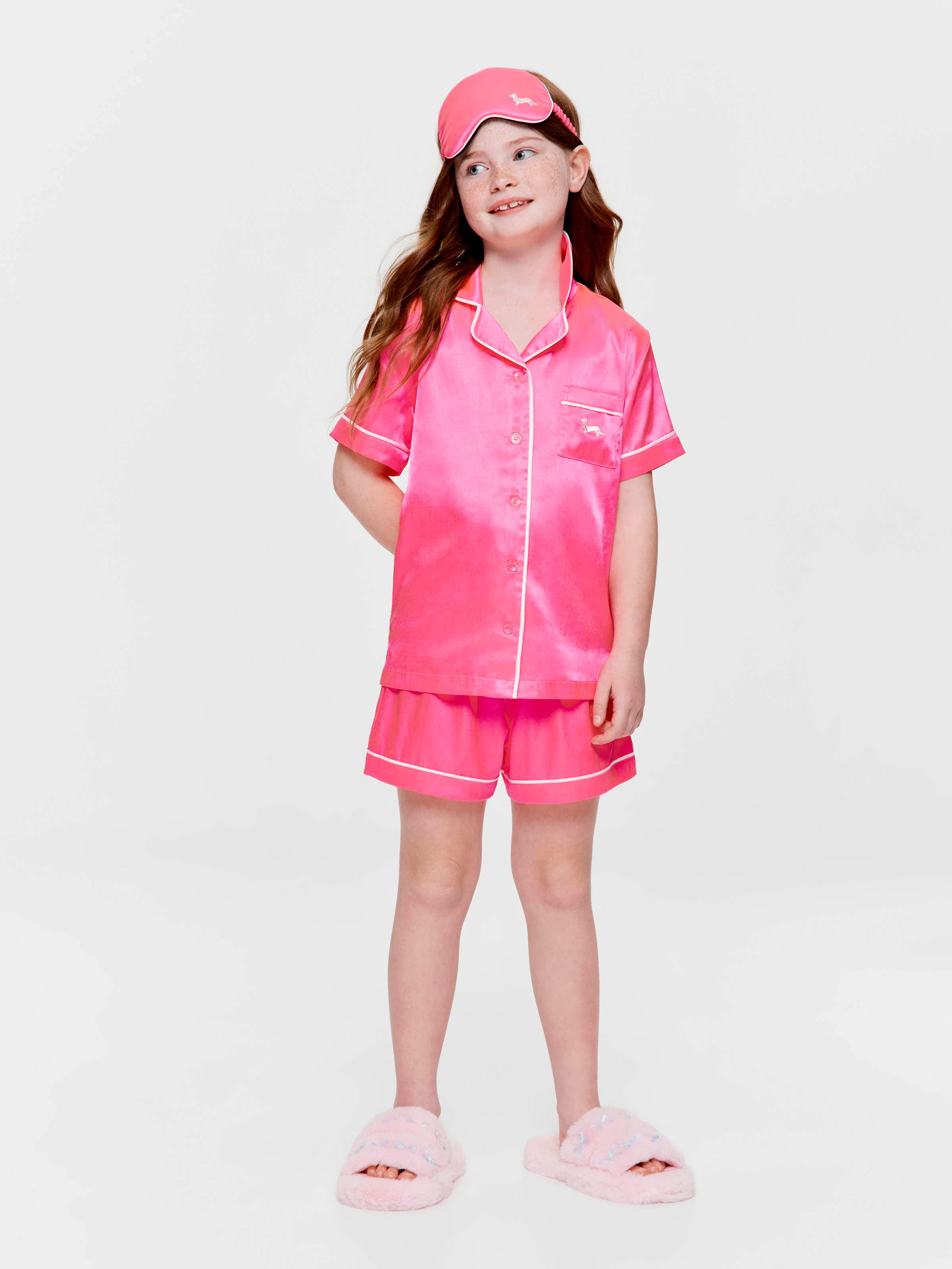 Girls Fluro Pink Satin Boxed Shortie Pj Set