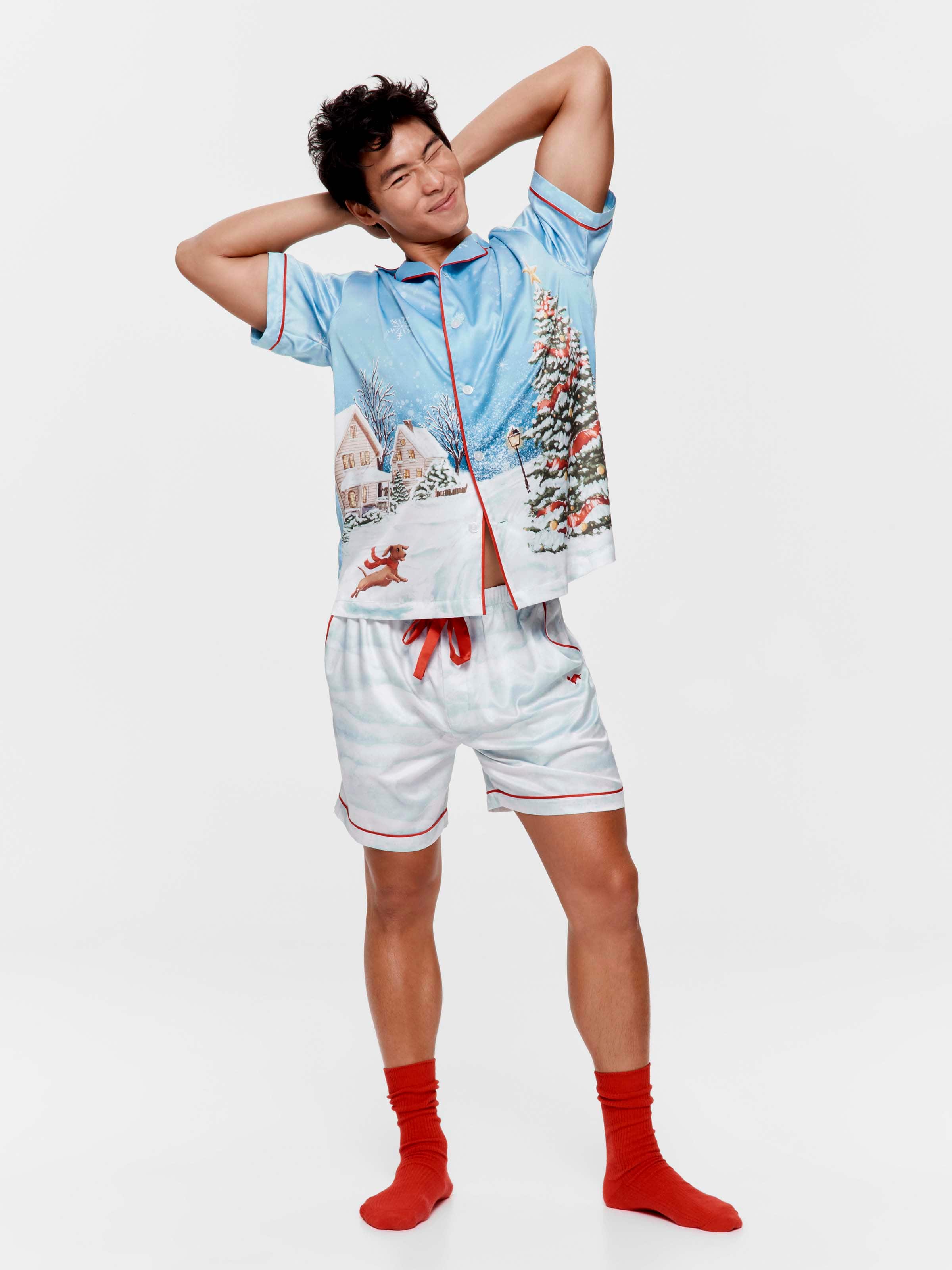 Christmas Scene Satin Boxed Short Sleeve Pj Set