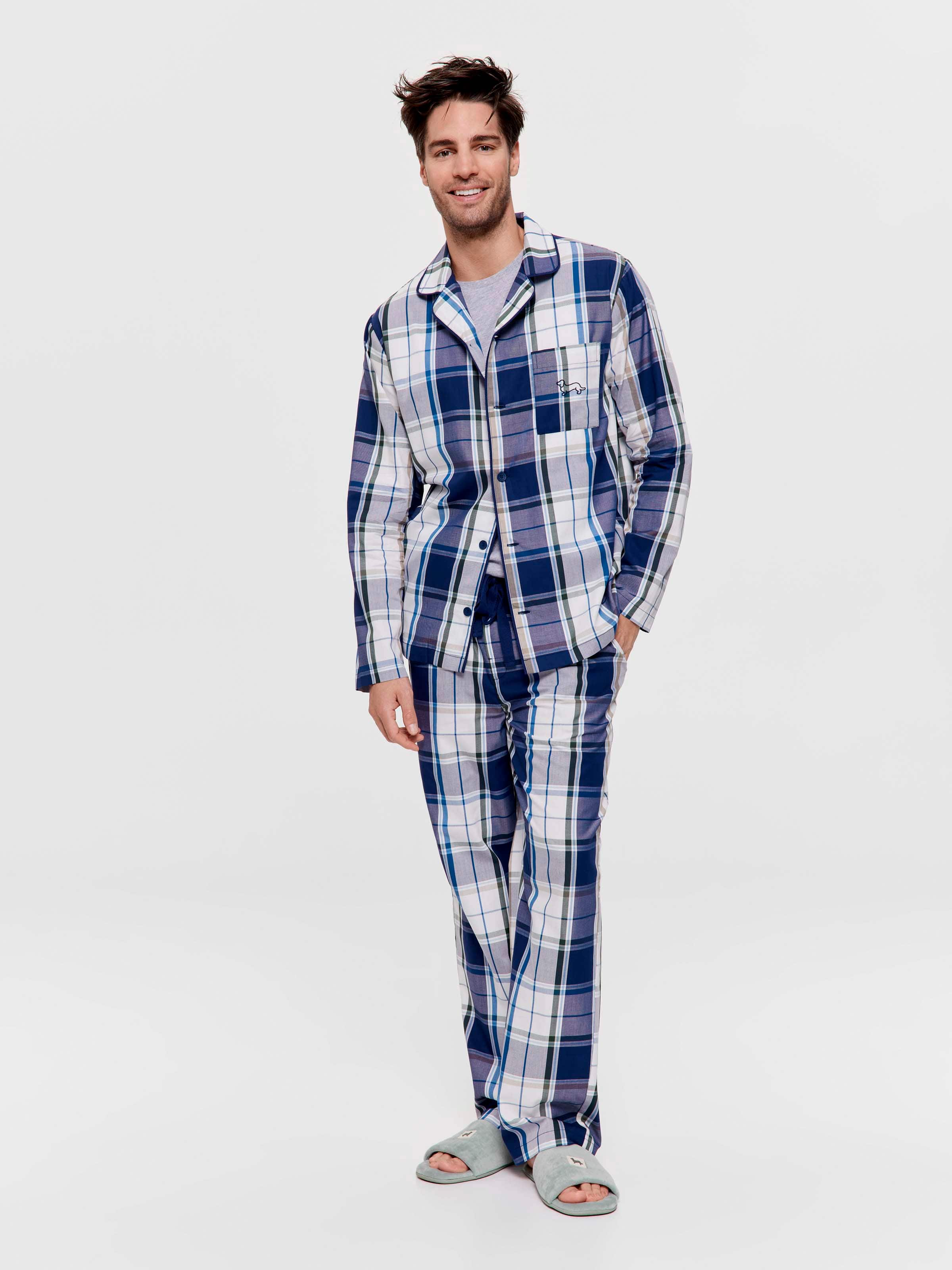 Dark Blue And White Check 100% Cotton Long Sleeve Pj Set