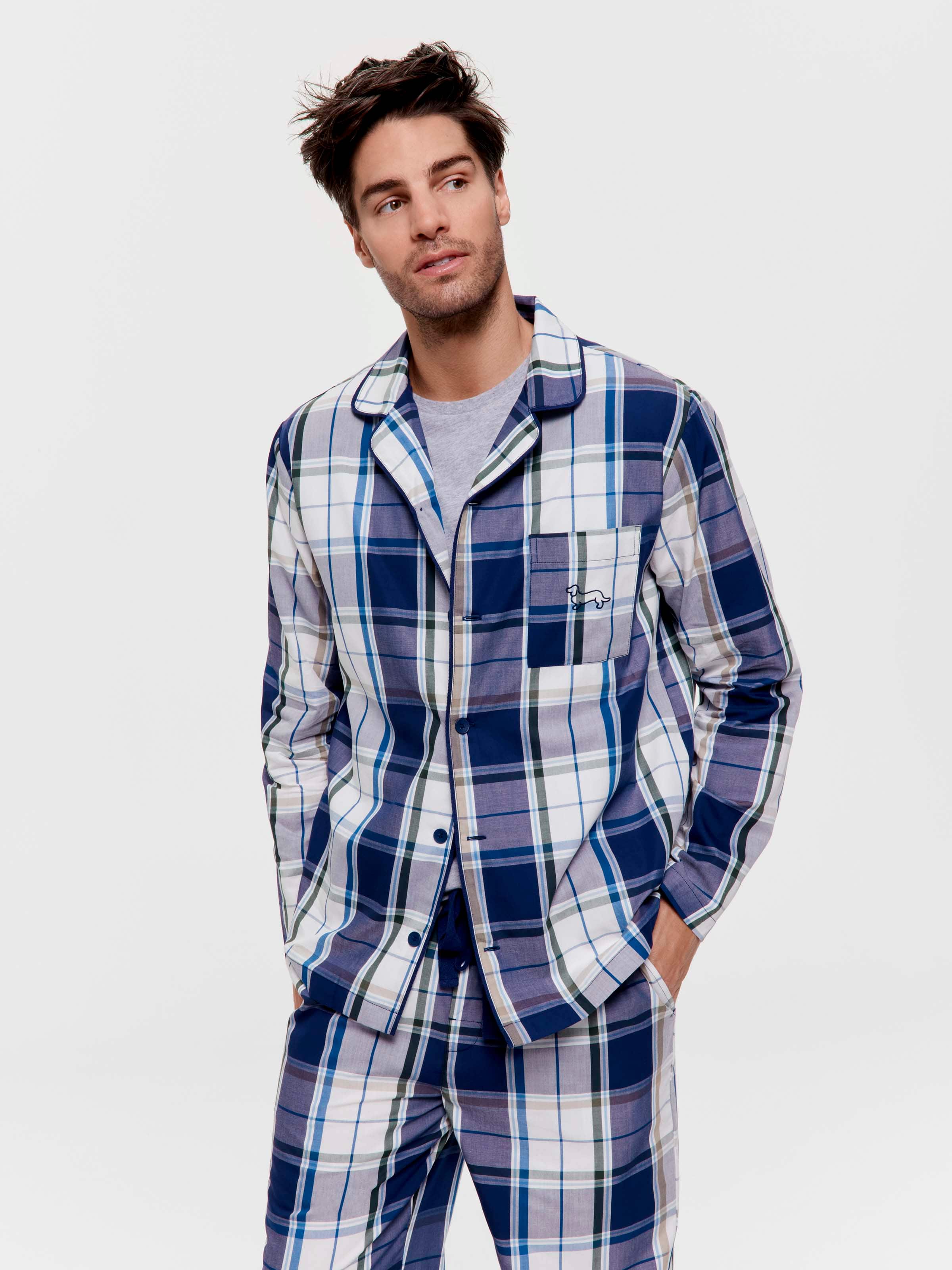 Dark Blue And White Check 100% Cotton Long Sleeve Pj Set