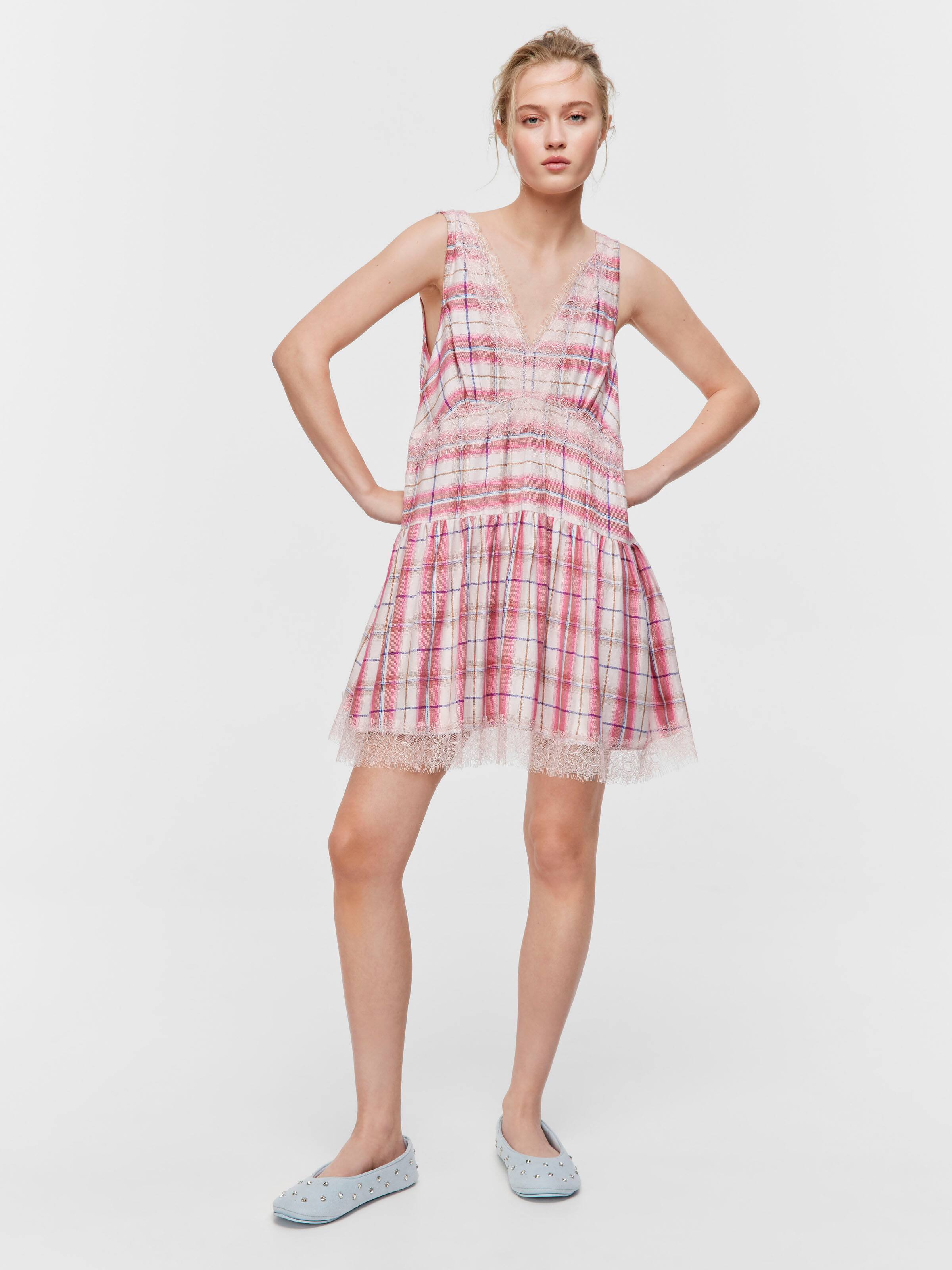 Check Lace Trim Viscose Flannelette Fashion Nightie