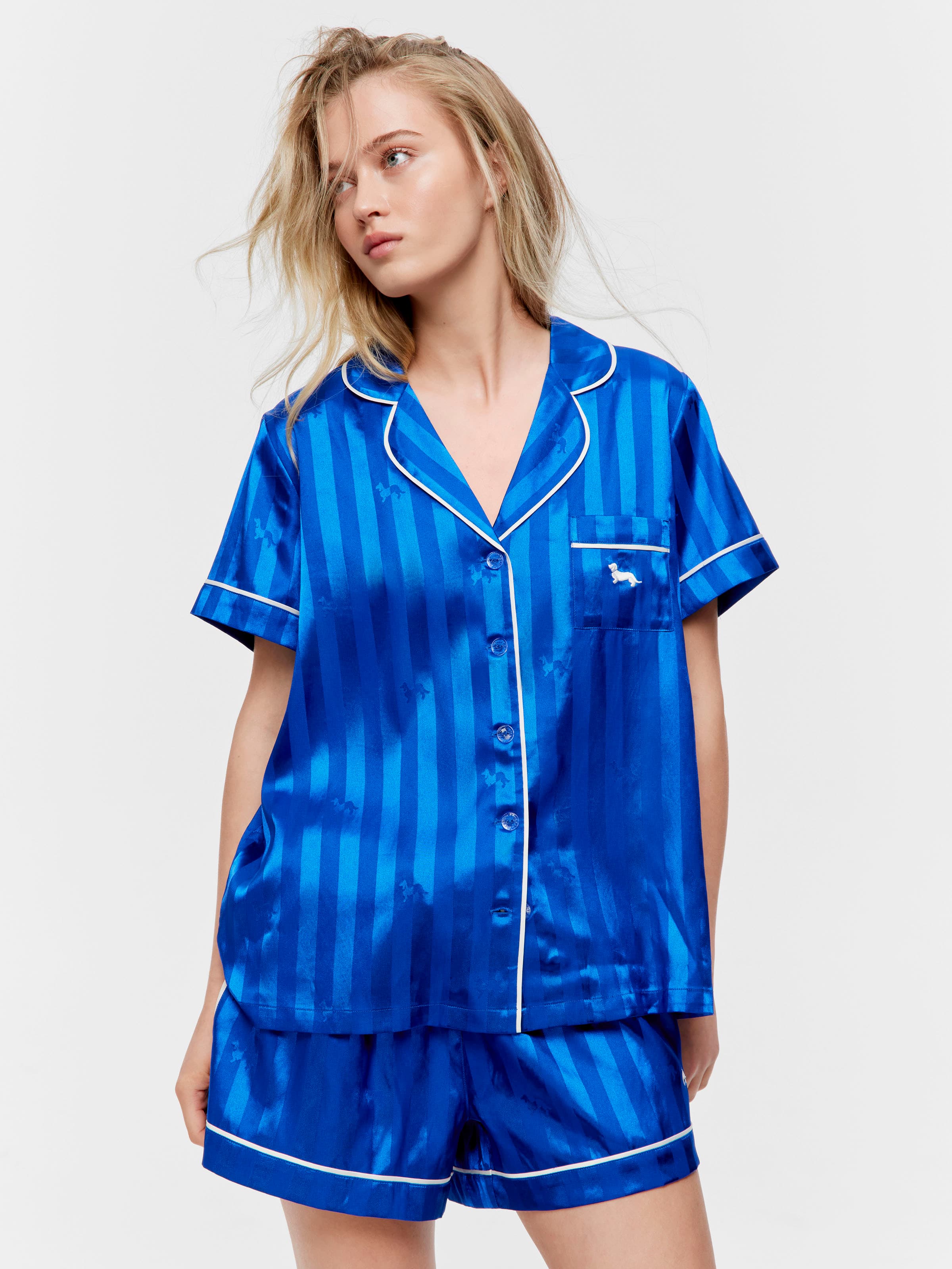 Cobalt Penny Stripe Satin Short Sleeve Shirt