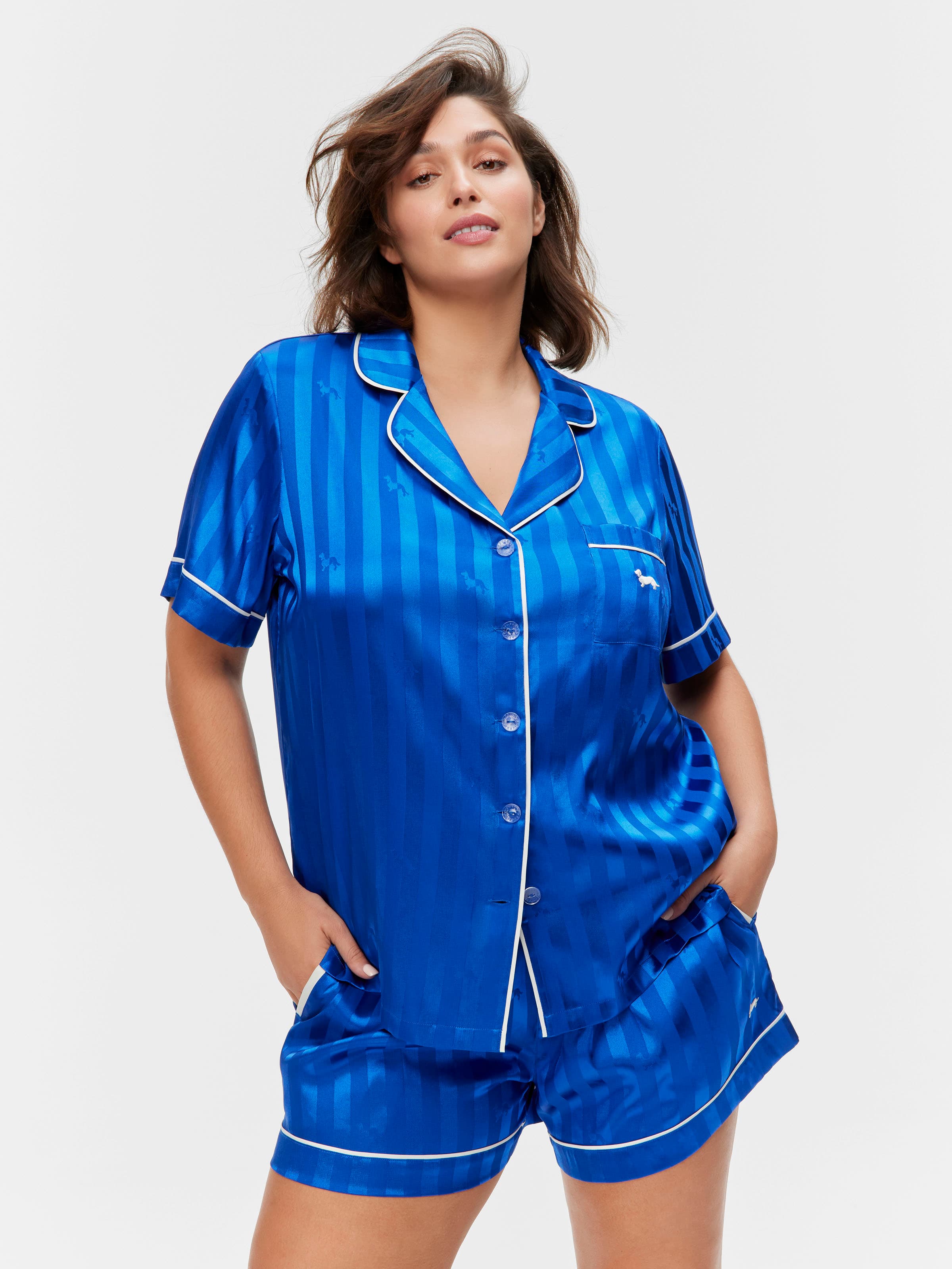P.A. Plus Cobalt Penny Stripe Satin Short Sleeve Shirt