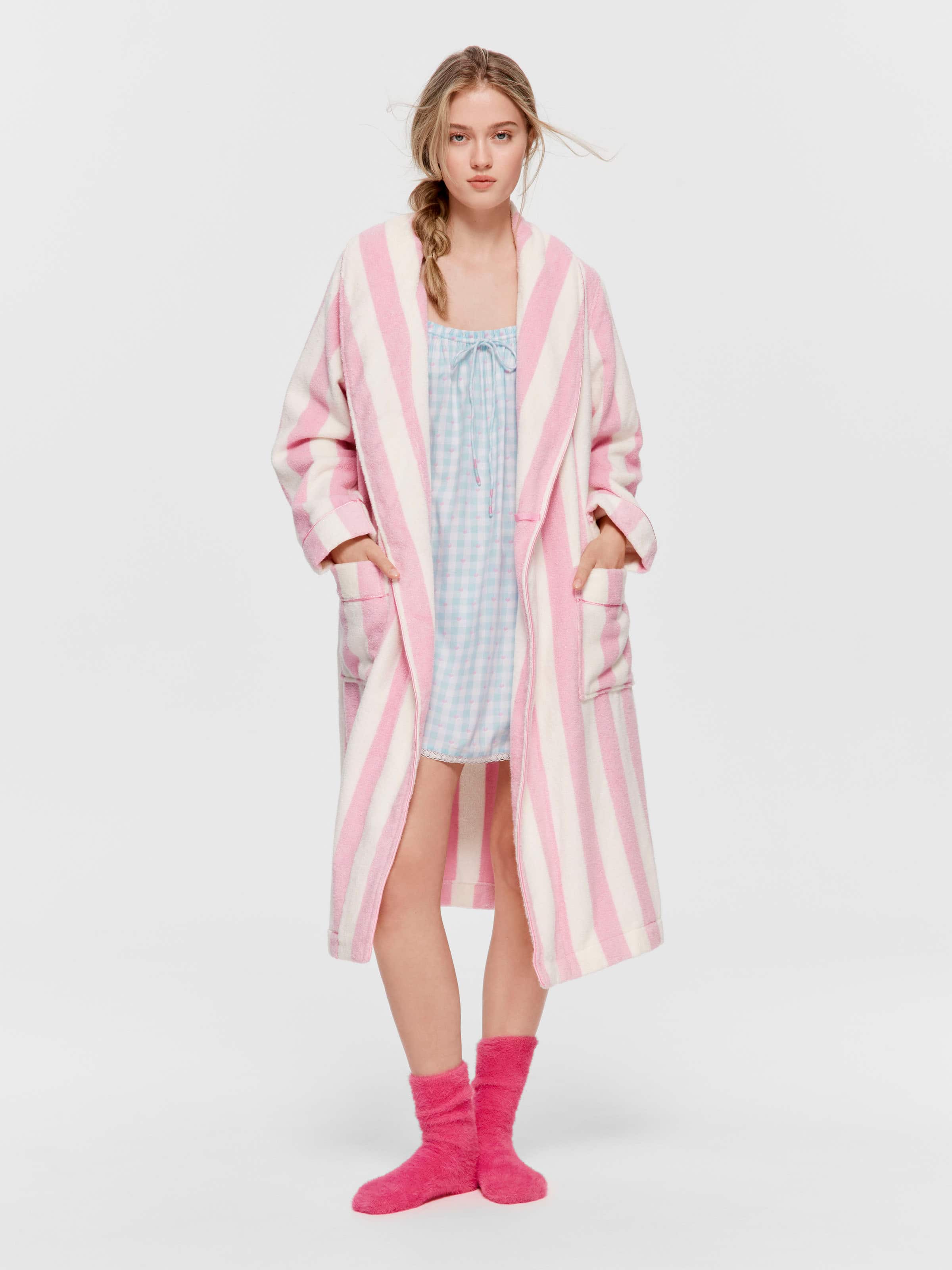 Pink Stripe 100% Cotton Towelling Gown