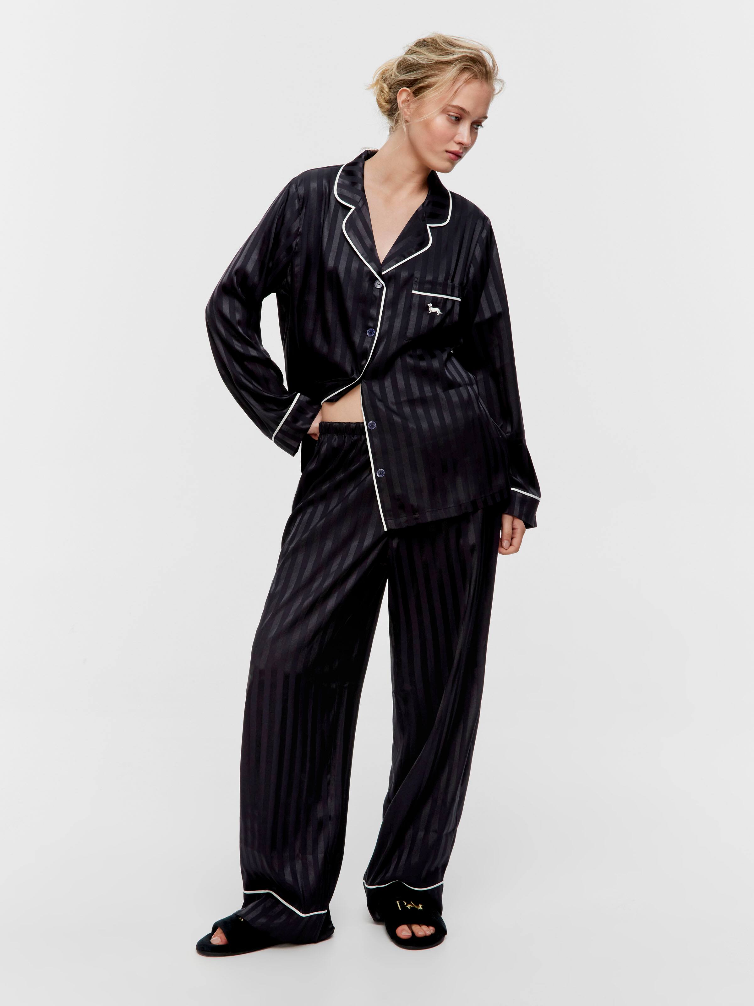 Black Stripe Chic Satin Long Pj Set