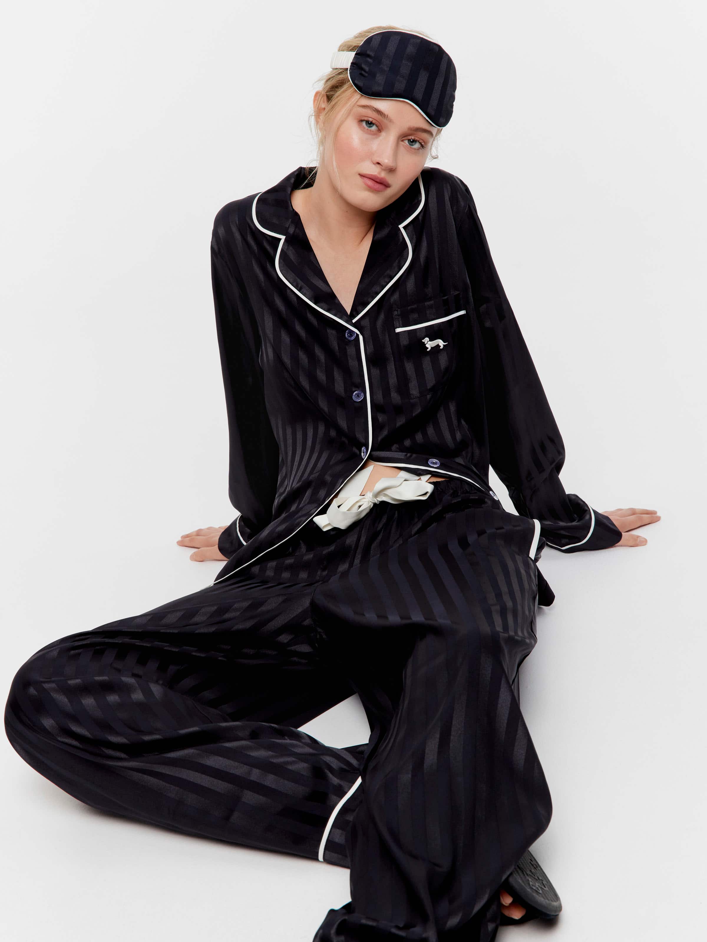 Black Stripe Chic Satin Long Pj Set