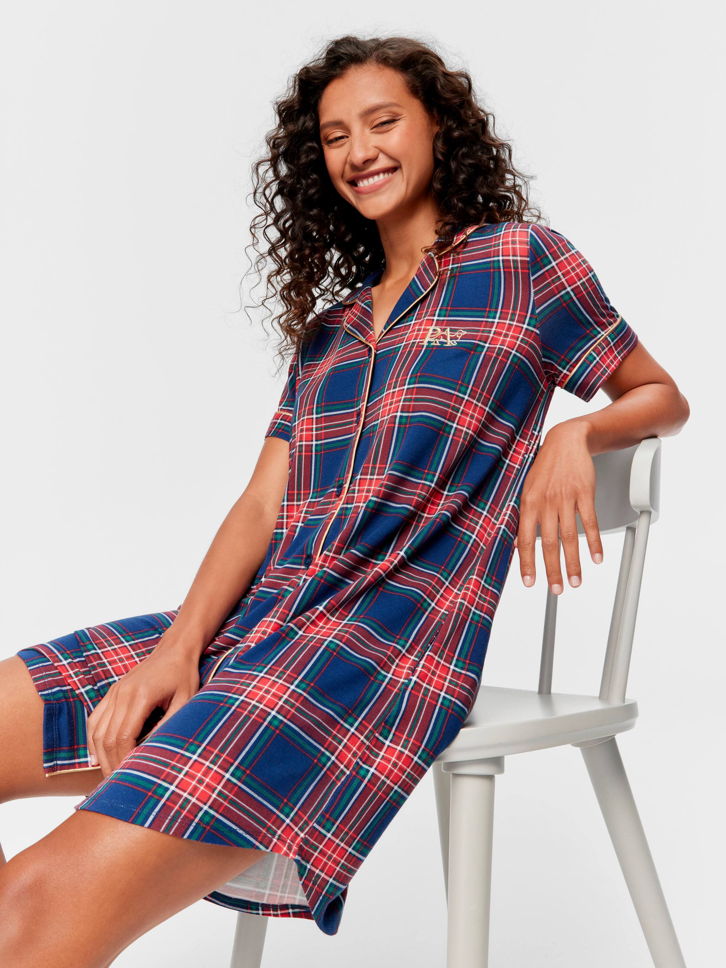 Navy Tartan Bamboo Blend Short Sleeve Nightshirt