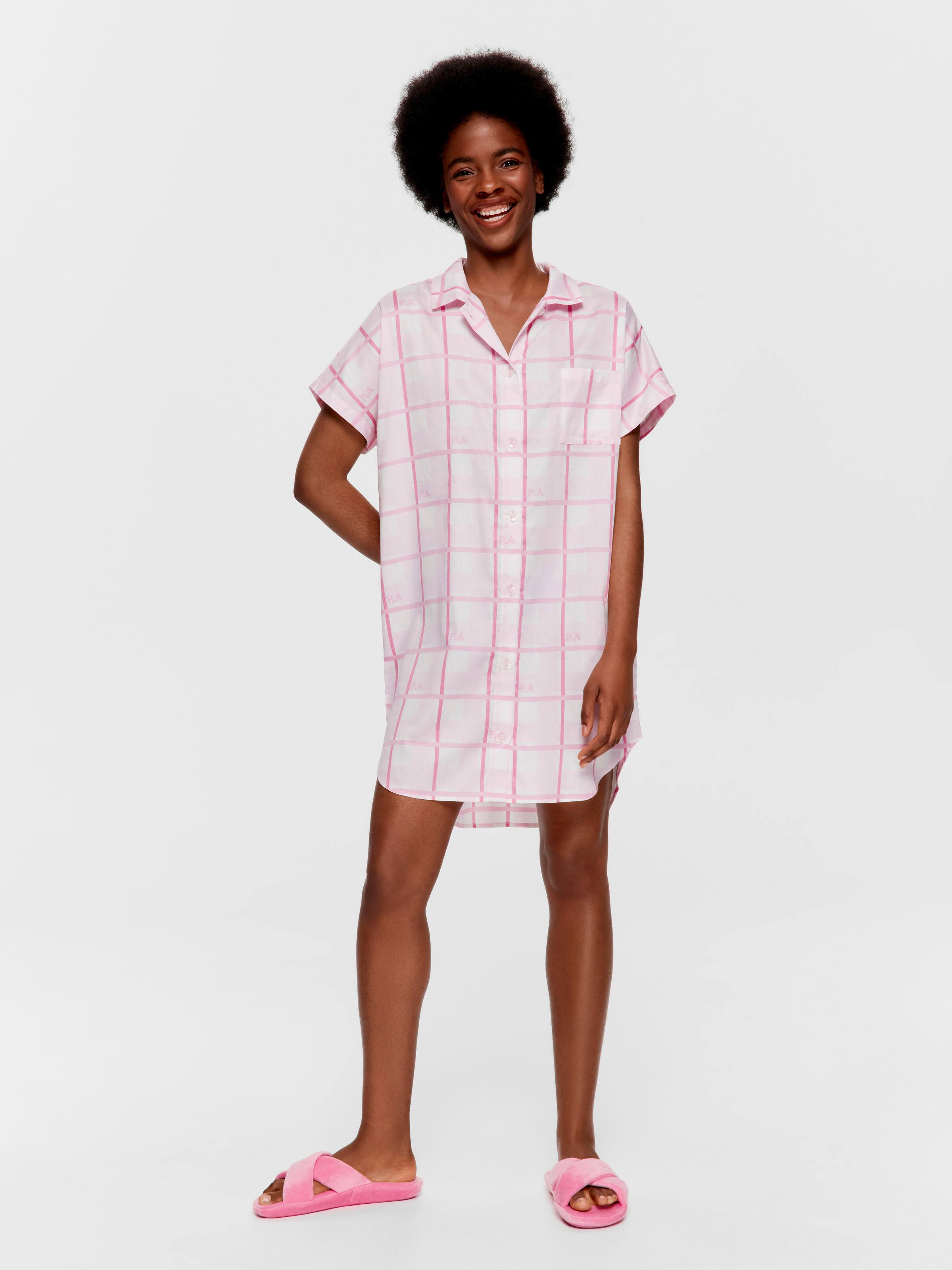 Pink Windowpane 100% Cotton Boyfriend Nightshirt