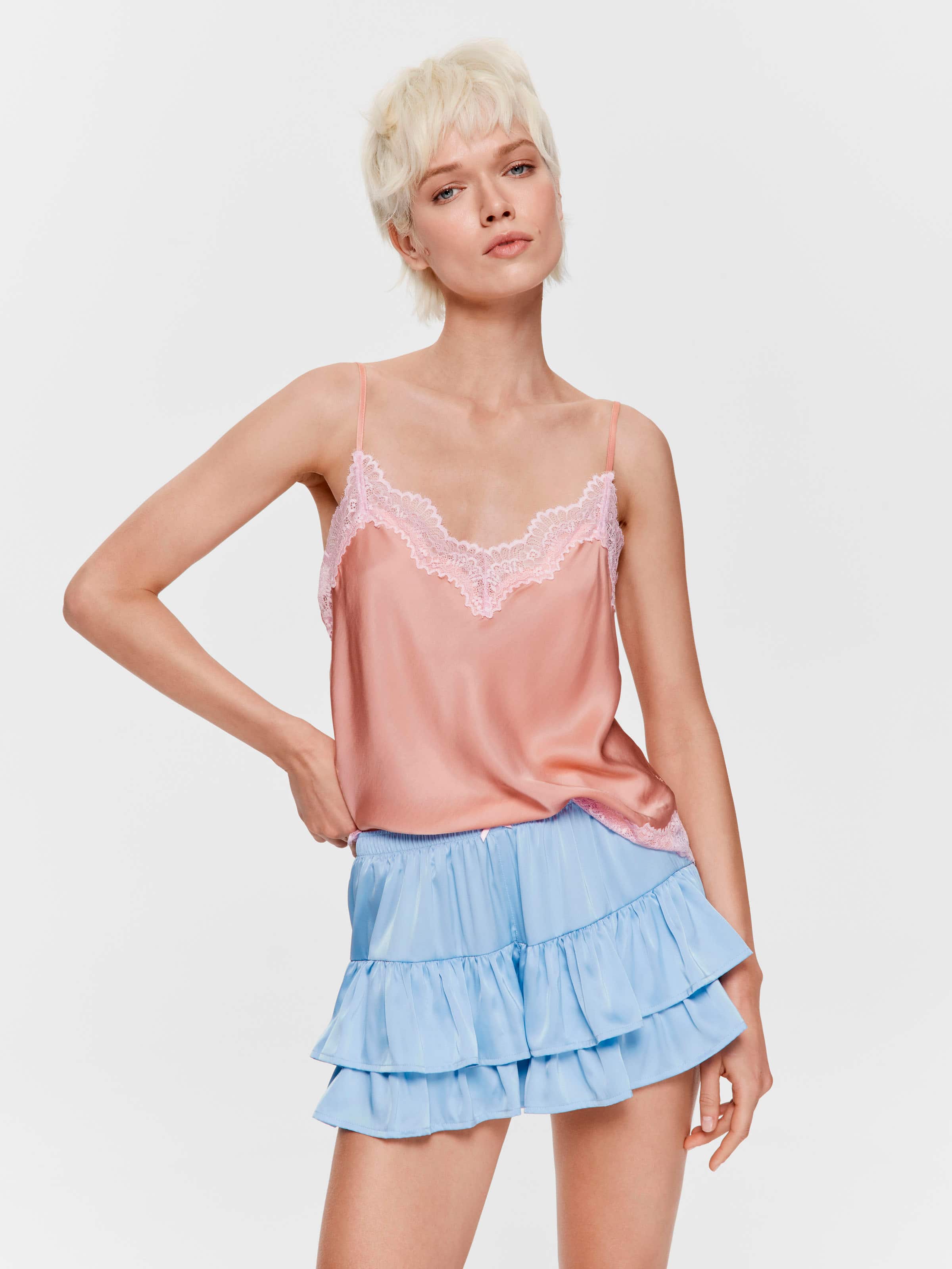 Blue Satin Ruffle Mini Short