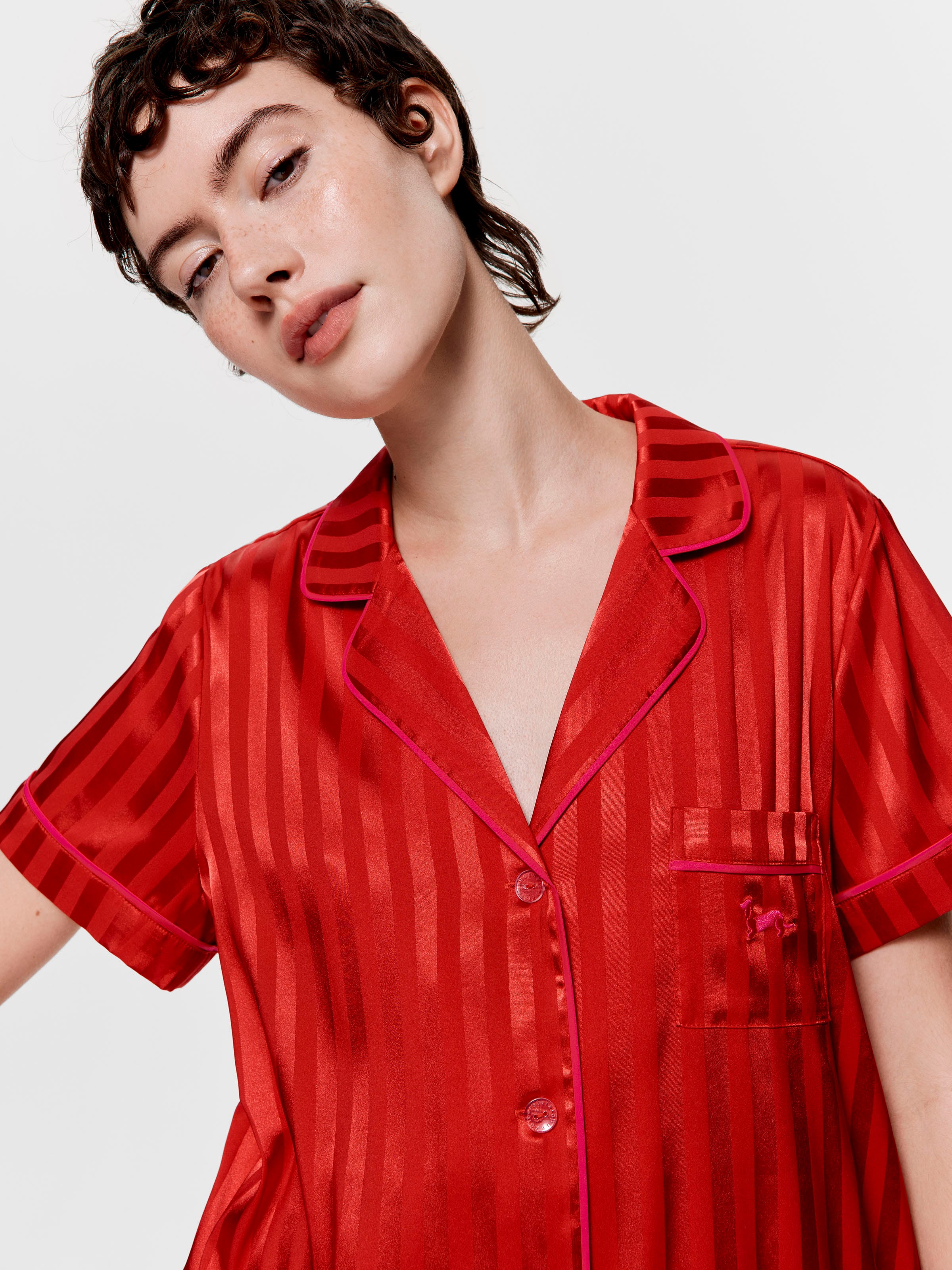 Red Stripe Satin Short Sleeve Nightshirt