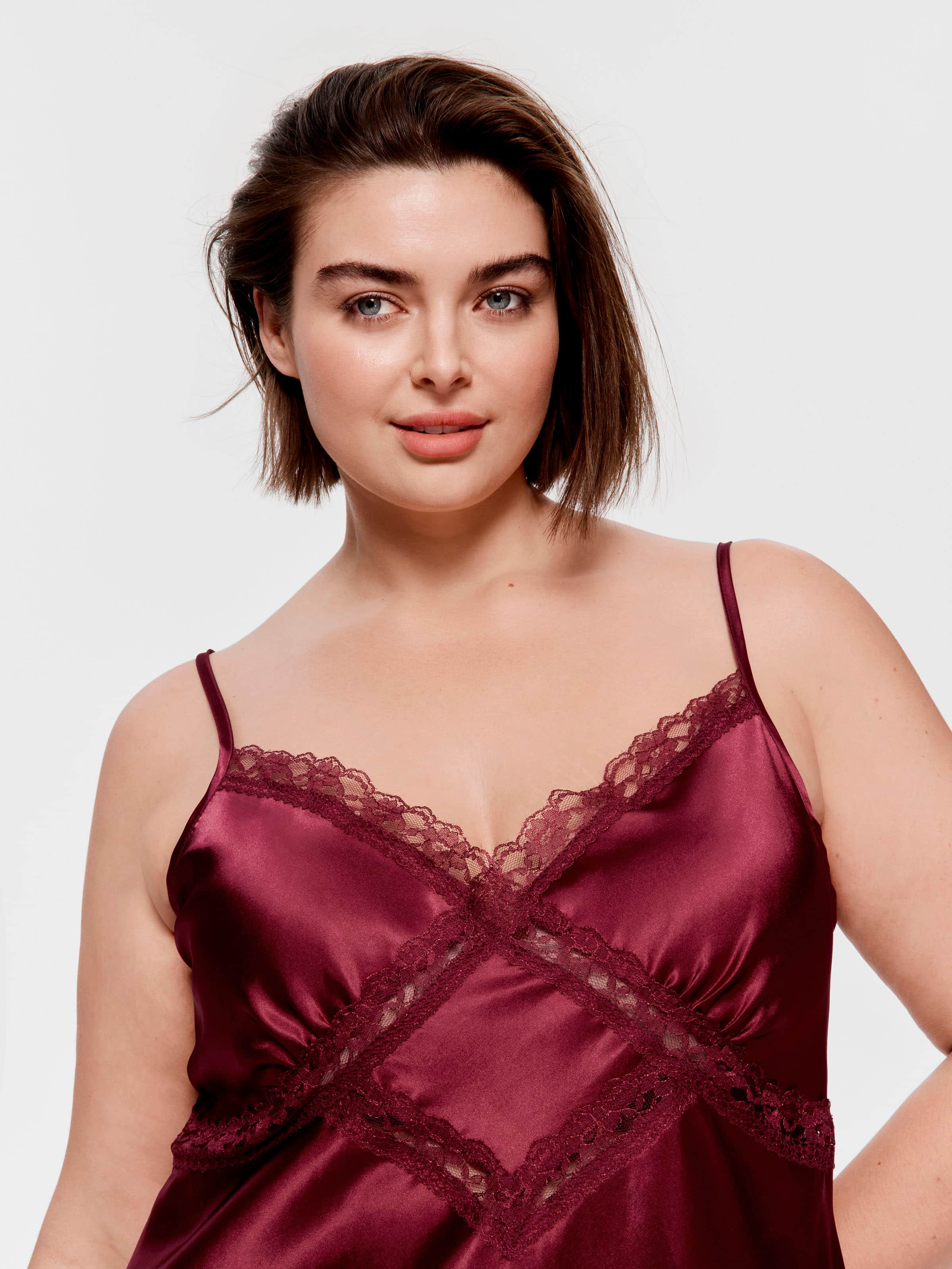 P.A. Plus Merlot Lace Trim Satin Slip Nightie