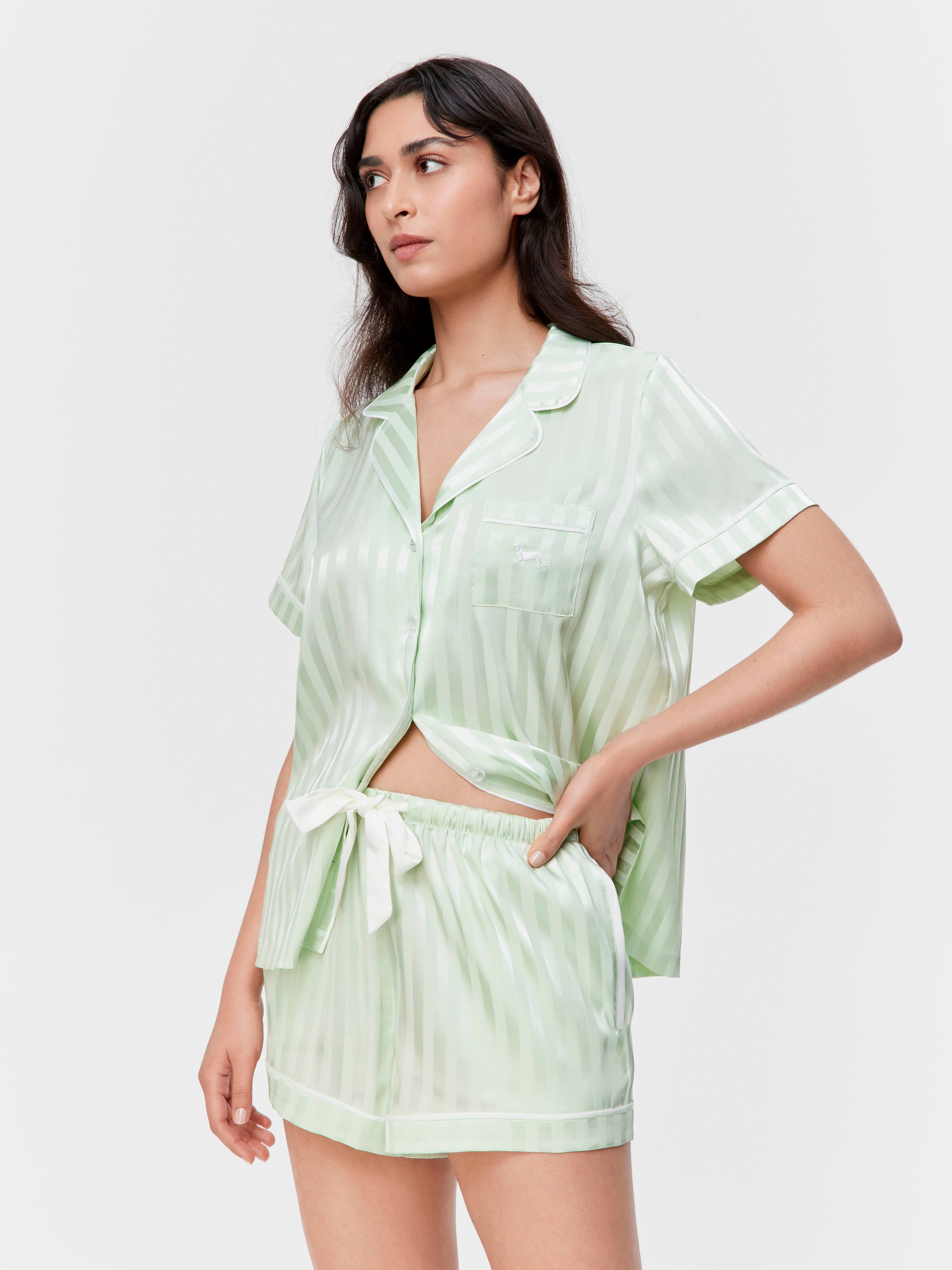Pistachio Stripe Chic Satin Shortie Pj Set