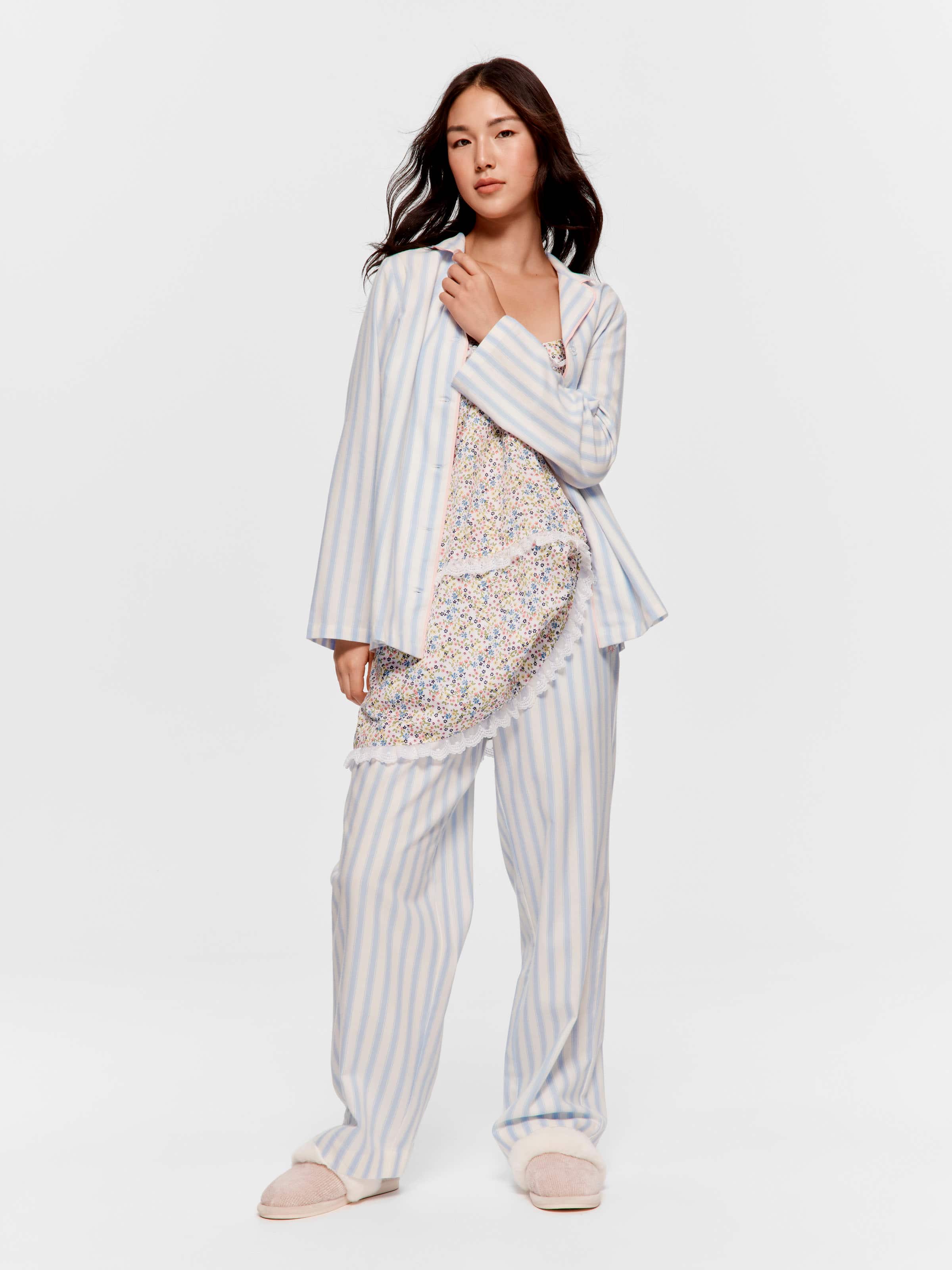 Stripe Floral Trim 100% Cotton Classic Pj Pant
