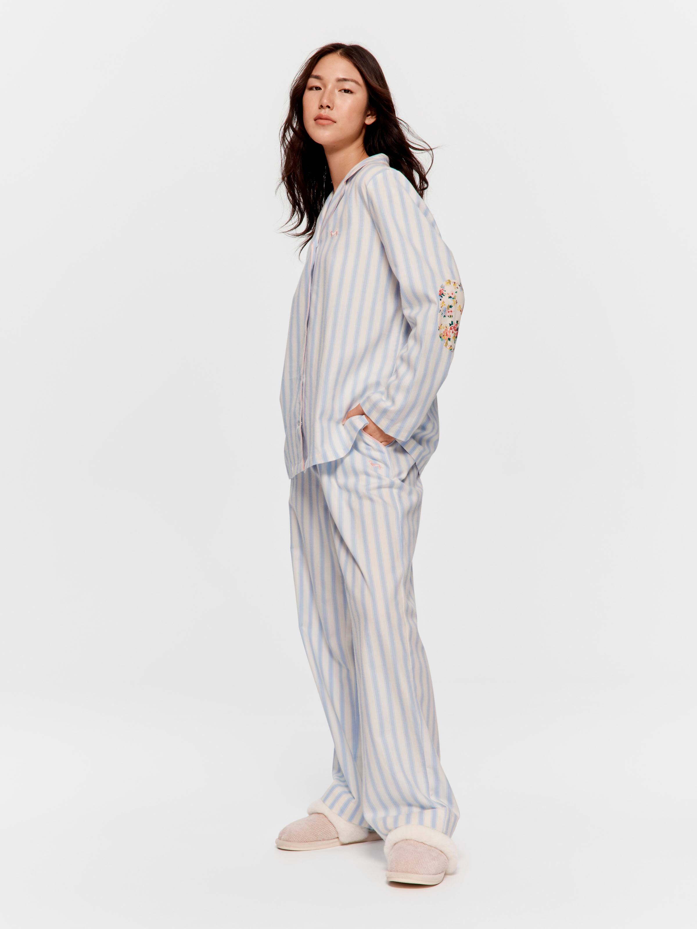 Stripe Floral Trim 100% Cotton Long Sleeve Shirt