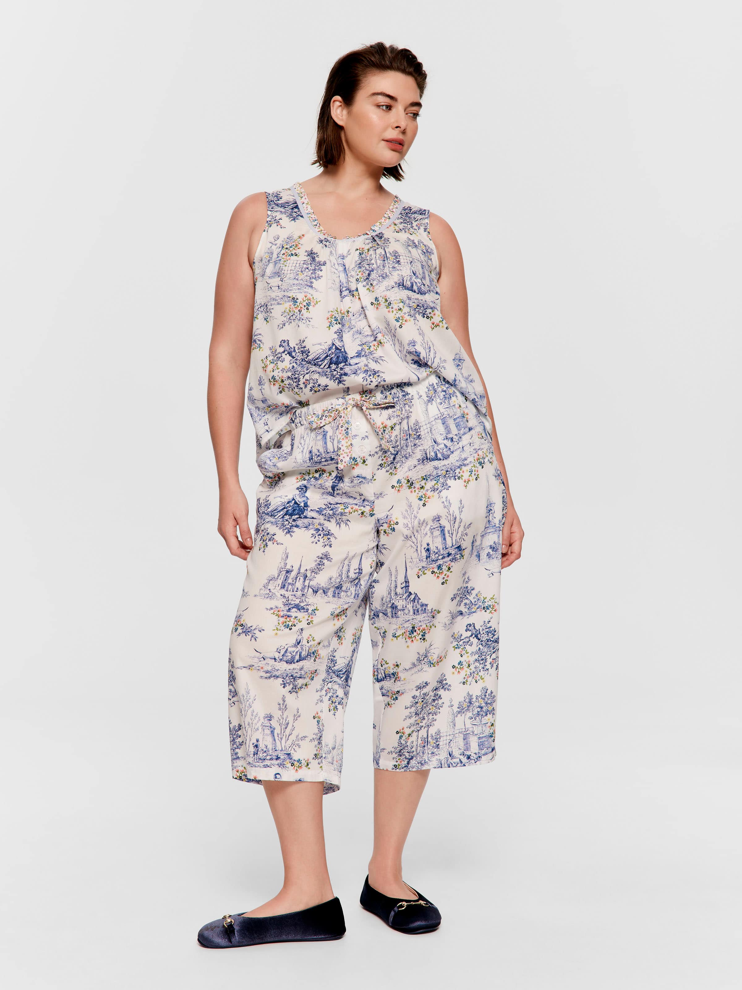 P.A. Plus Blue Toile 100% Cotton 3/4 Pj Pant