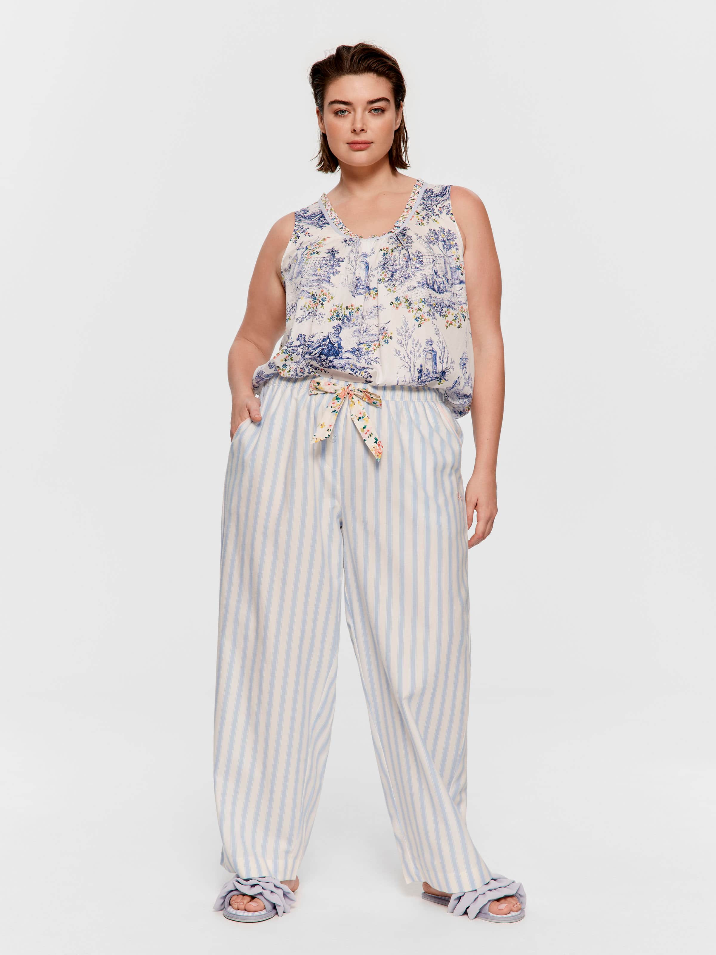 P.A. Plus Stripe Floral Trim 100% Cotton Classic Pj Pant