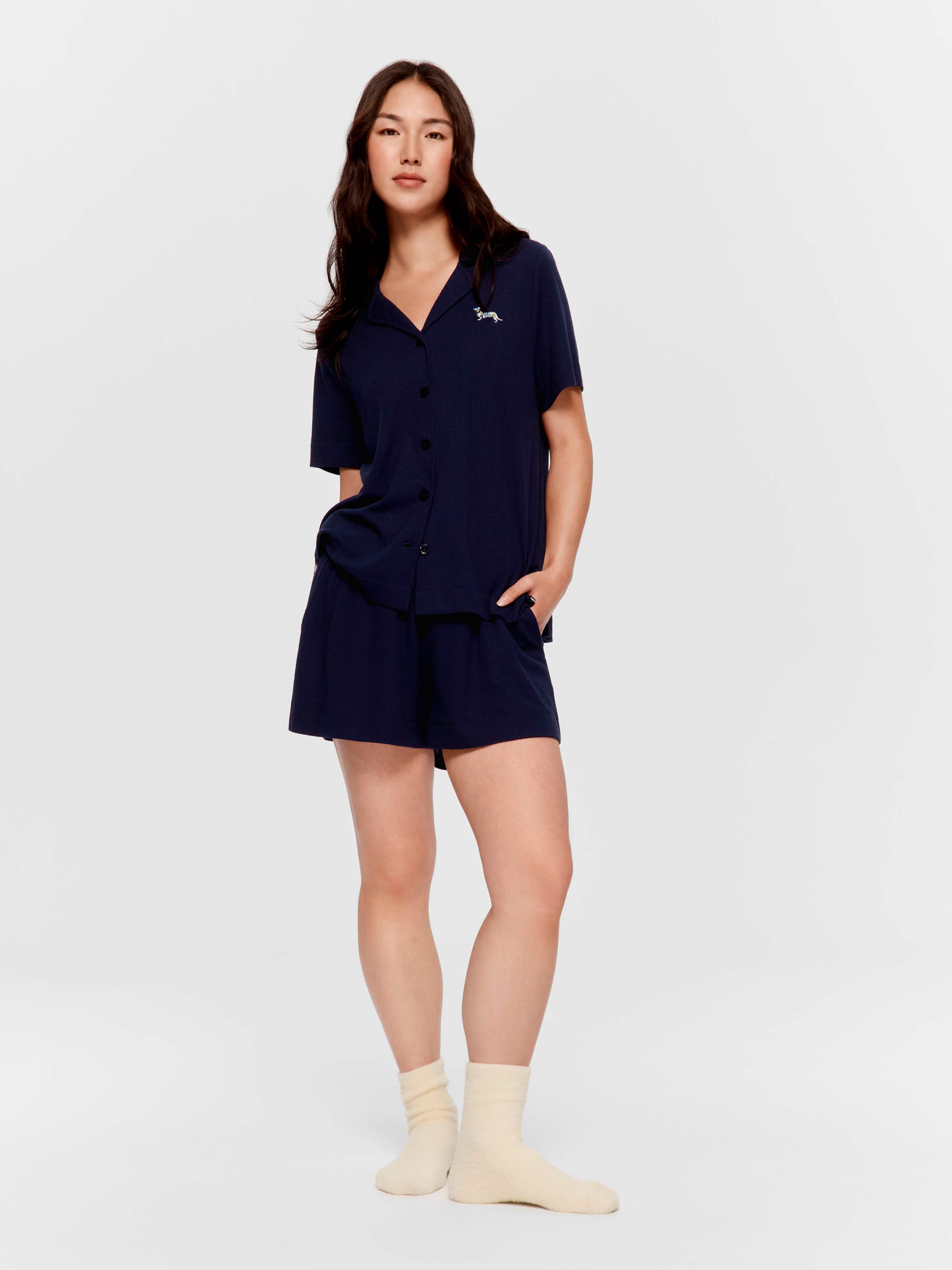 Navy Floral Trim Waffle Short Sleeve Shirt