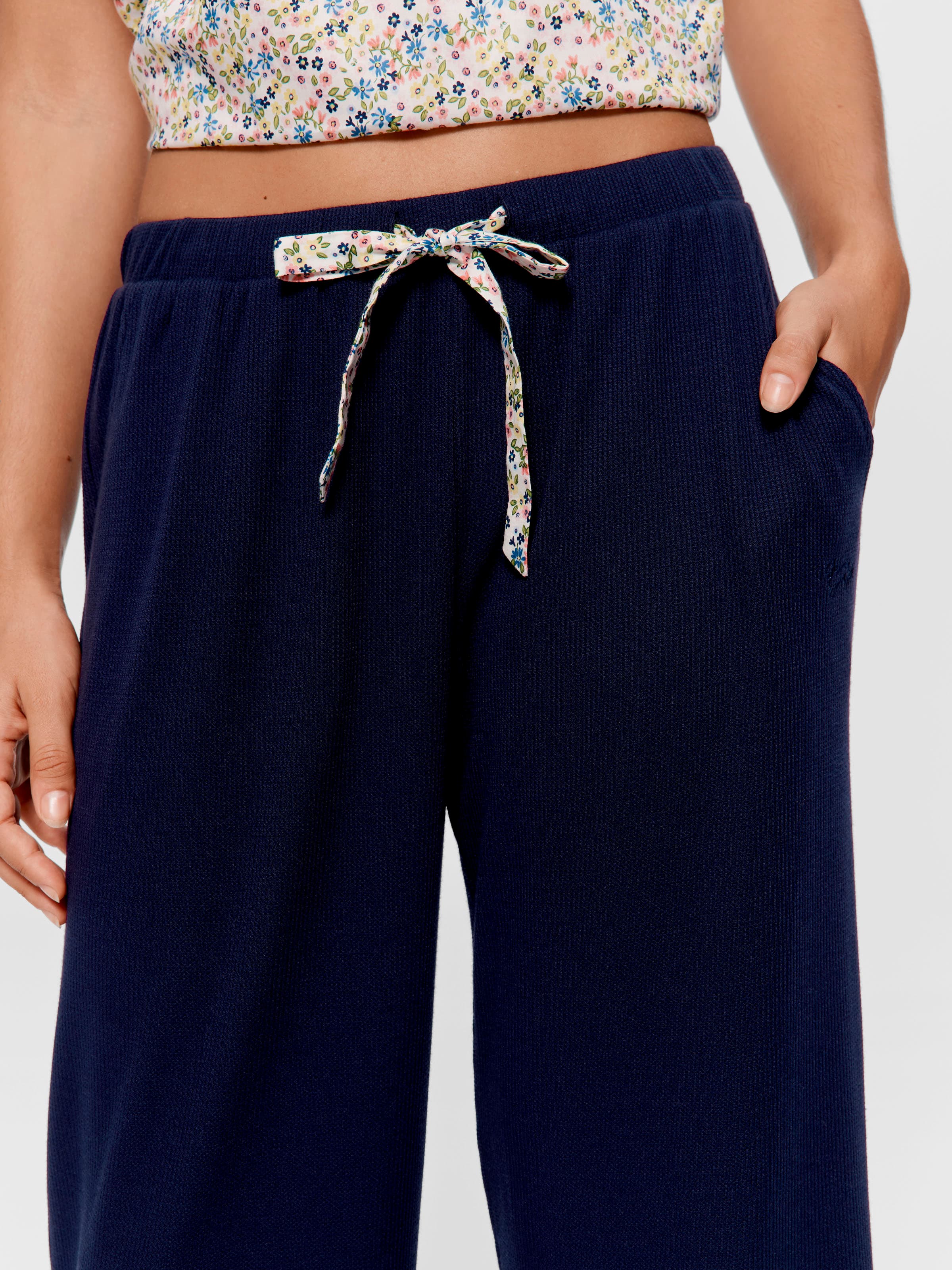 Navy Floral Trim Waffle Straight Leg Pj Pant