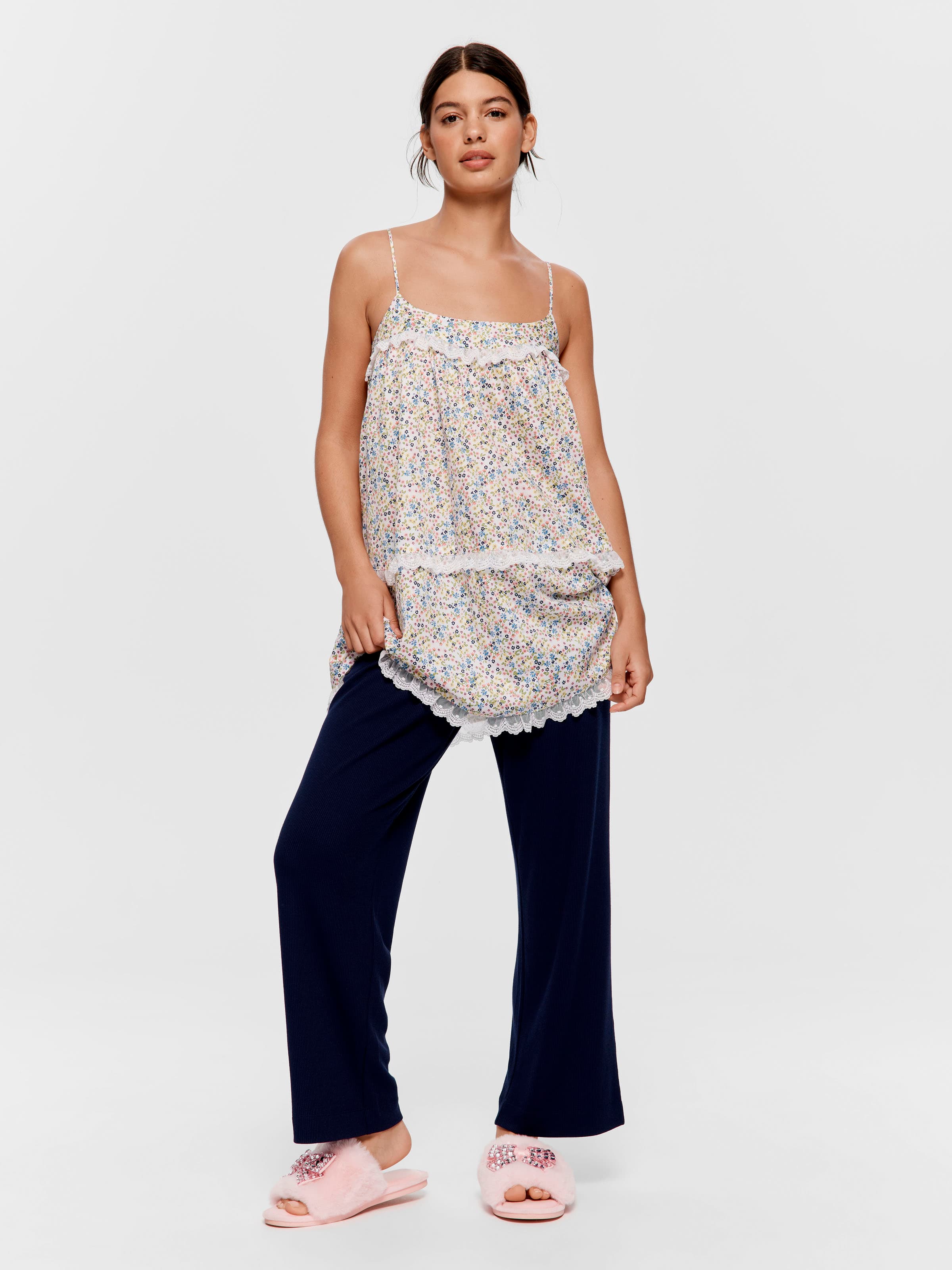 Navy Floral Trim Waffle Straight Leg Pj Pant