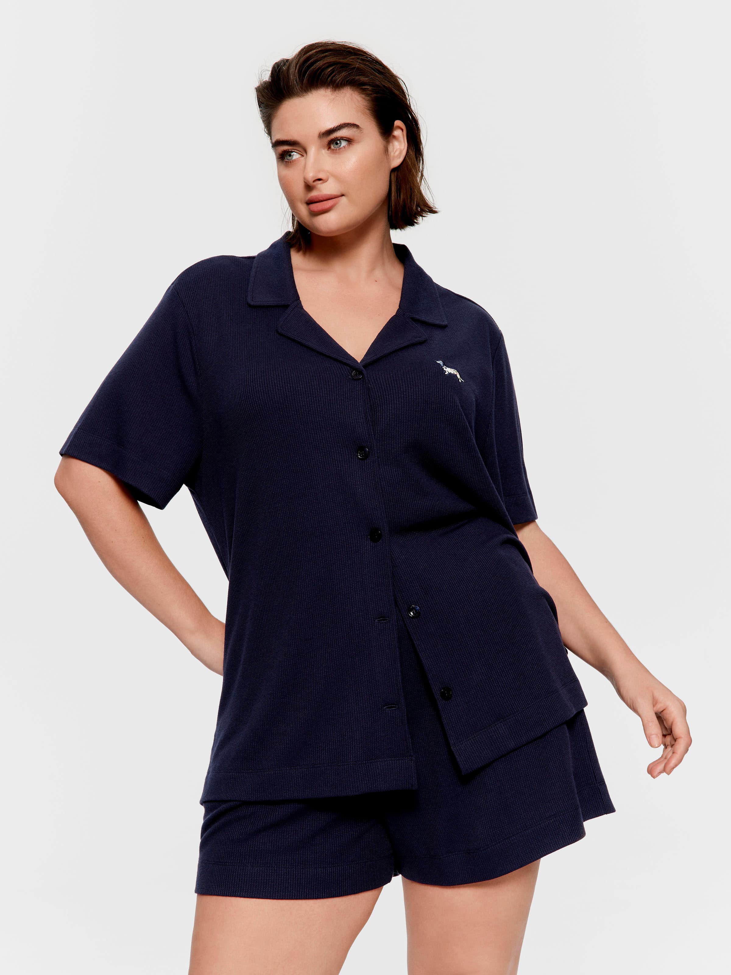 P.A. Plus Navy Floral Trim Waffle Short Sleeve Shirt