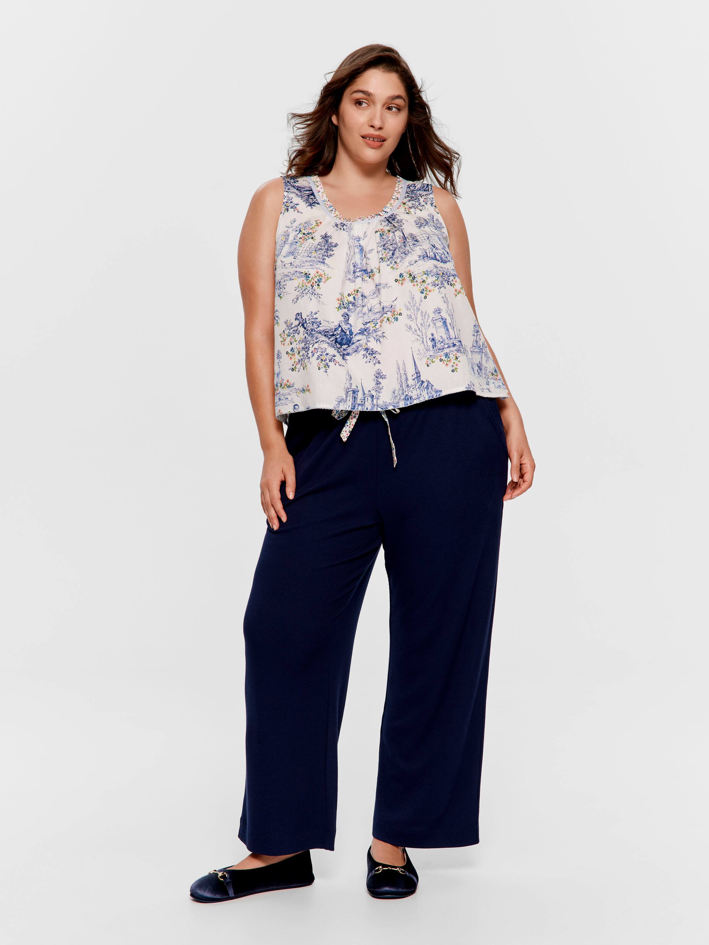 P.A. Plus Navy Floral Trim Waffle Straight Leg Pj Pant