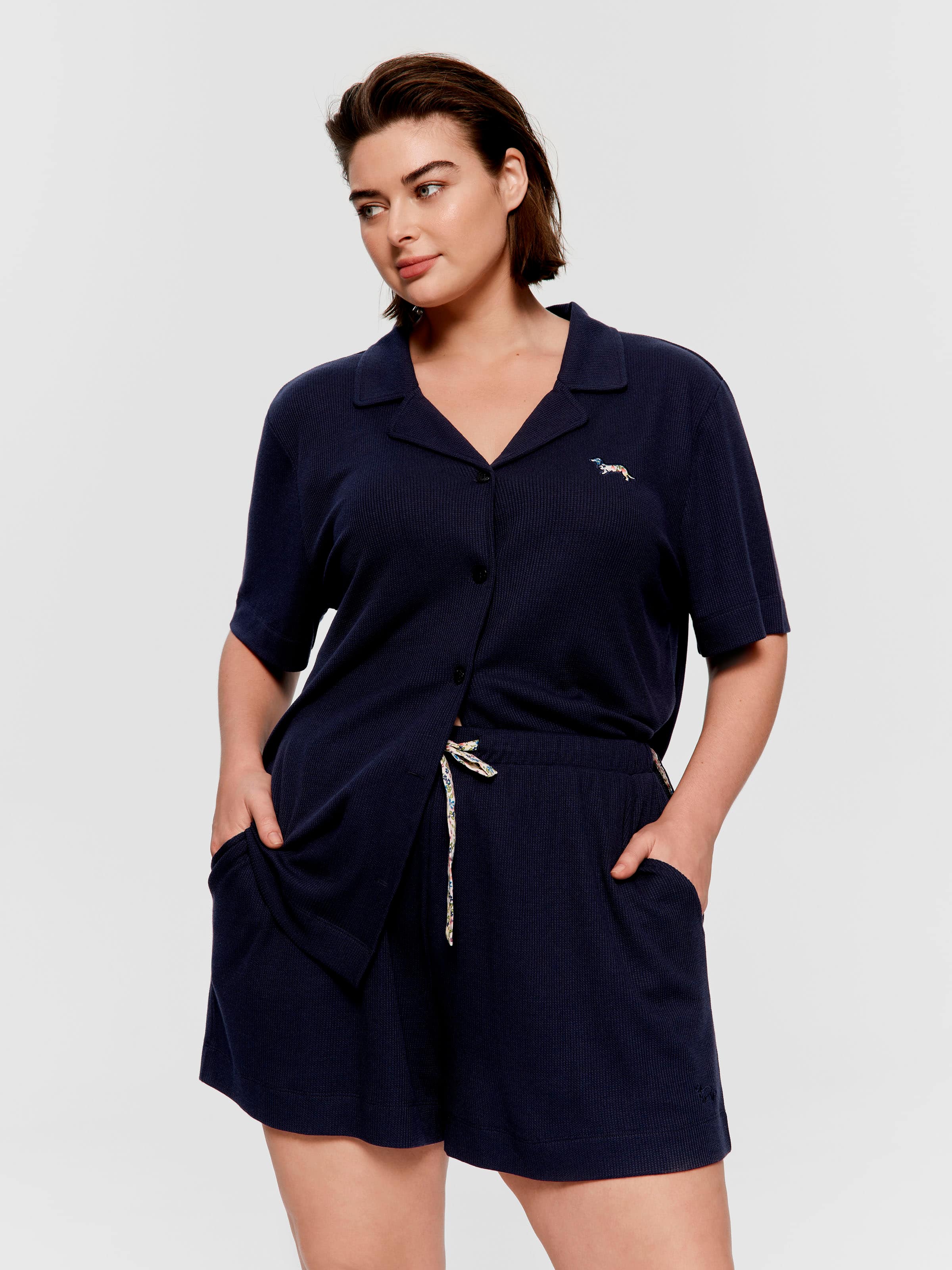 P.A. Plus Navy Floral Trim Waffle Mid Short