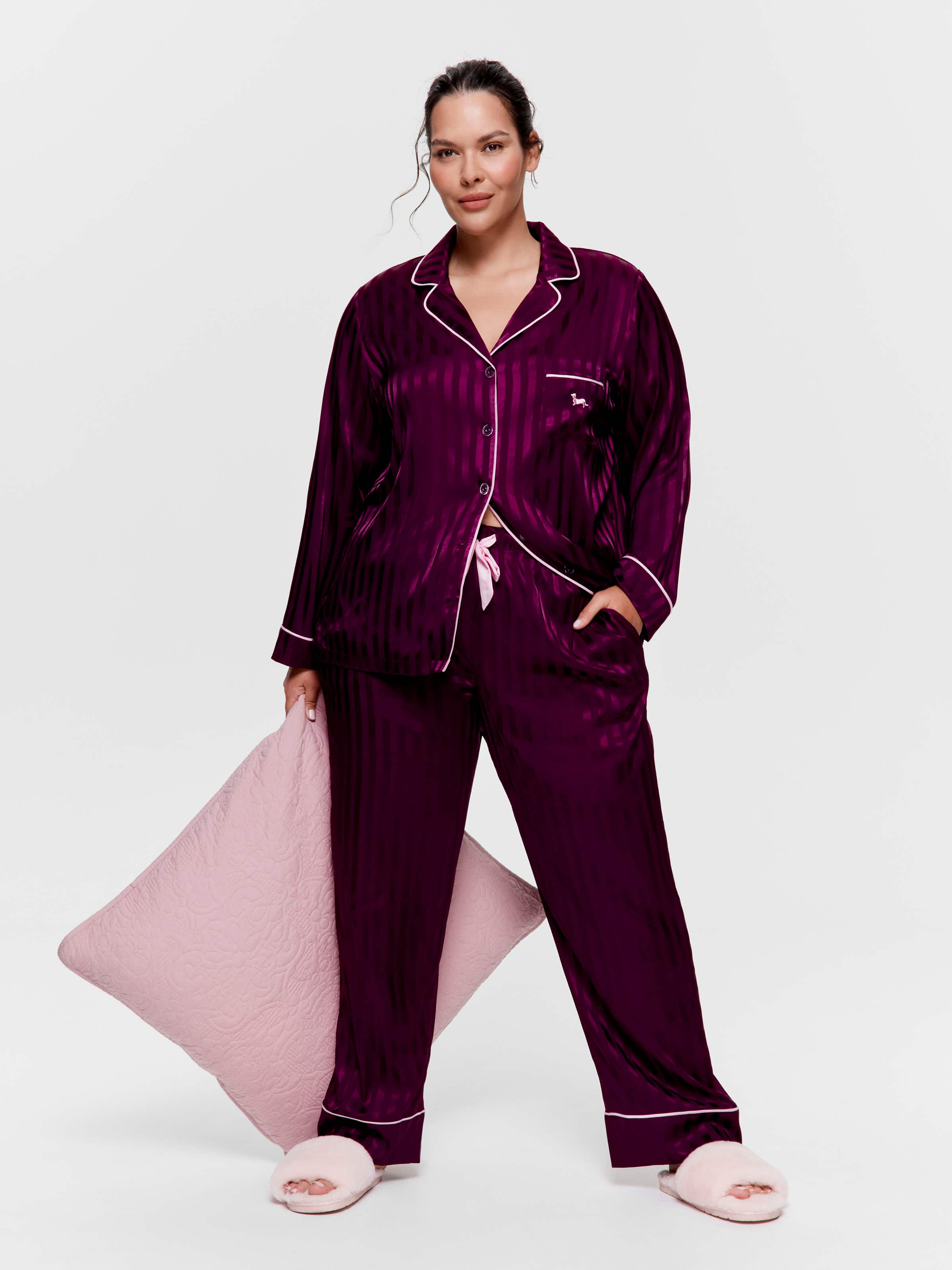 P.A. Plus Plum Stripe Chic Satin Long Pj Set
