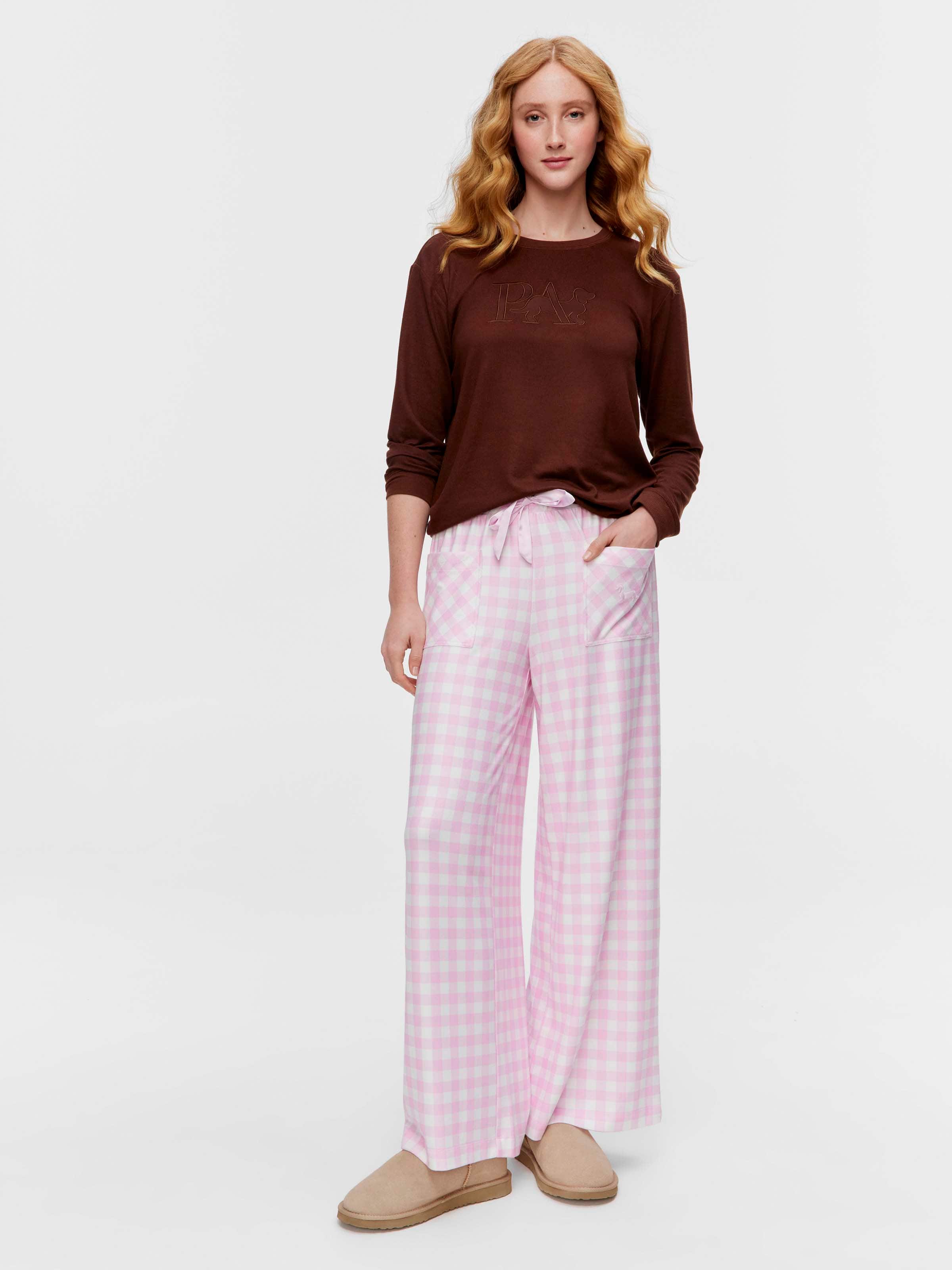 Pink Gingham Plush Wide Leg Pj Pant