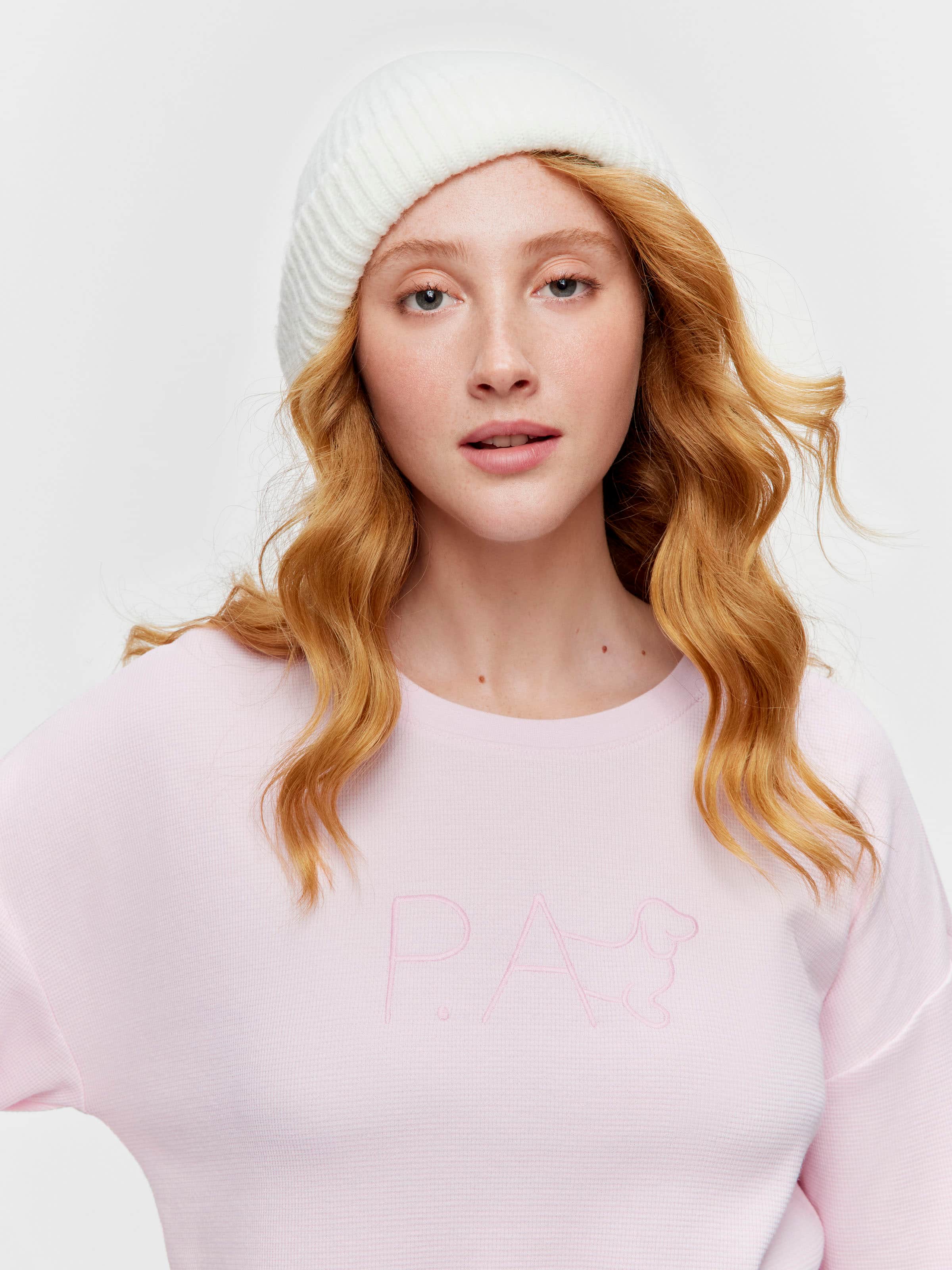 Pink Logo Waffle Oversized Long Sleeve Top