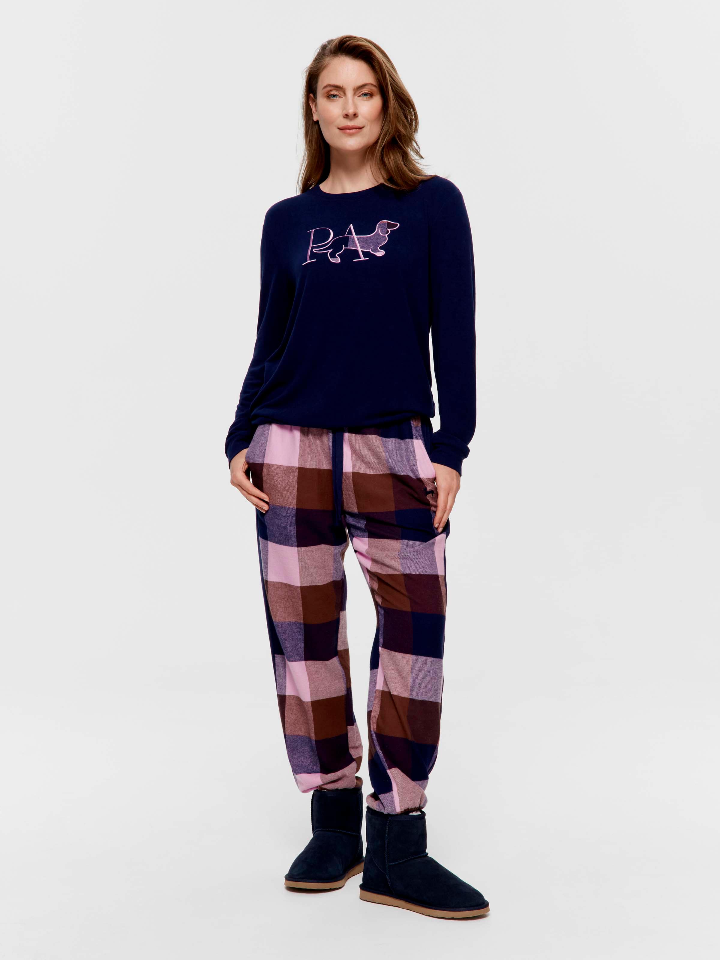 Navy & Choc Buffalo Check 100% Cotton Flannelette Cuff Pj Pant