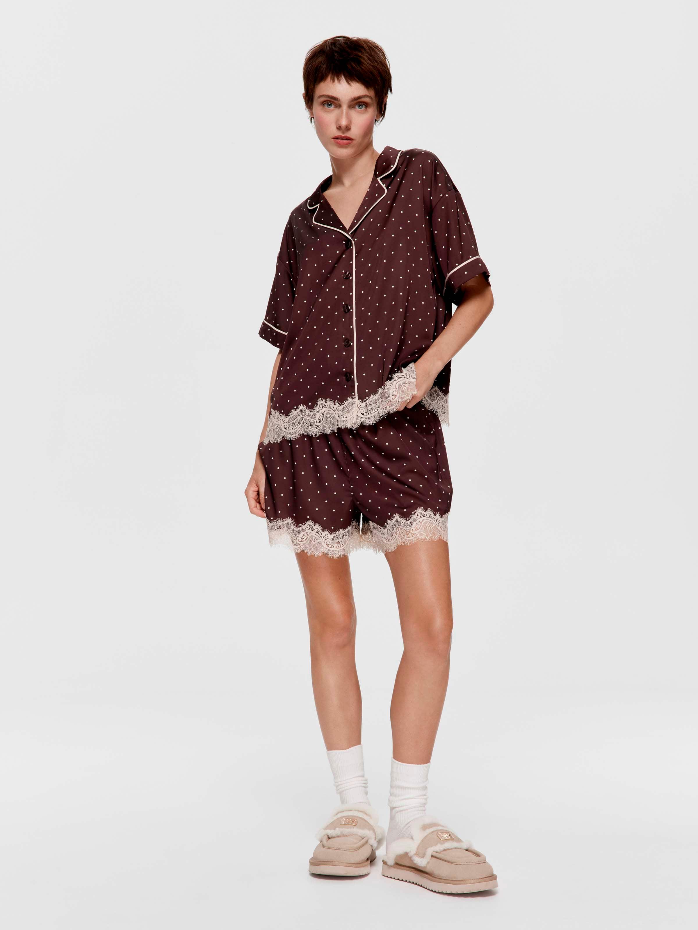 Chocolate Spot Lace Satin Pj Set