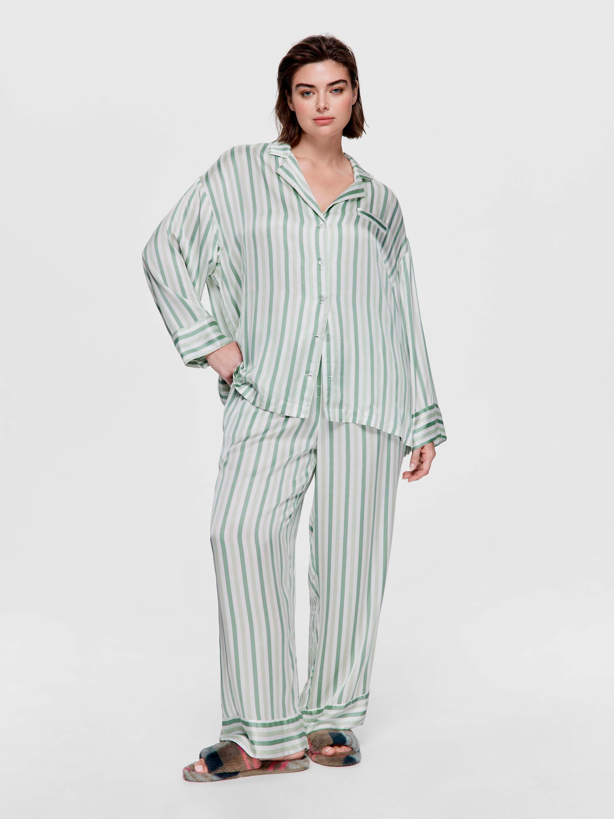 P.A. Plus Green Stripe Oversized Long Pj Set