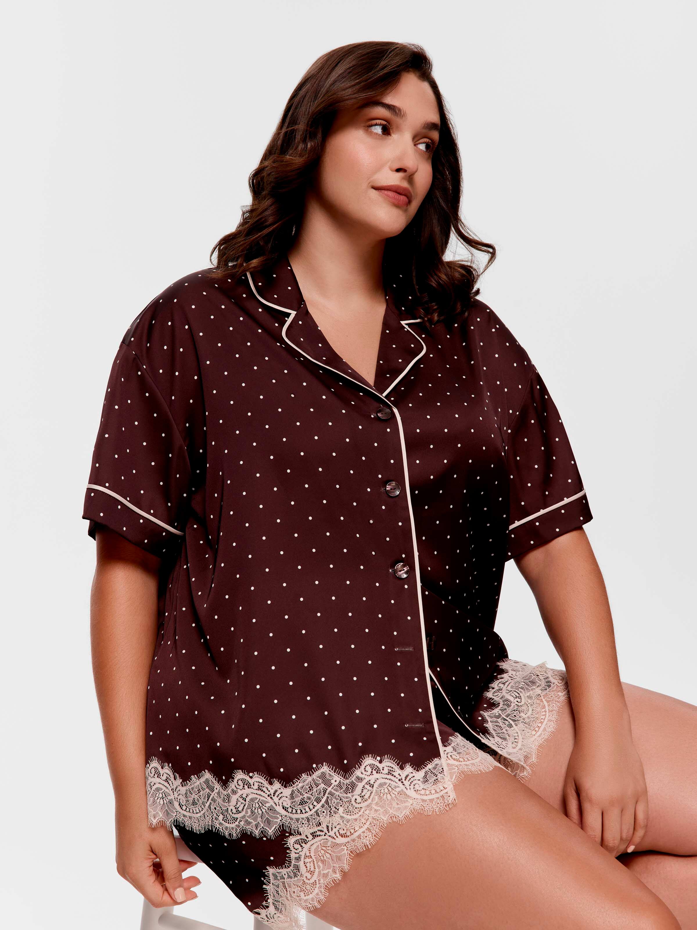 P.A. Plus Chocolate Spot Lace Satin Pj Set