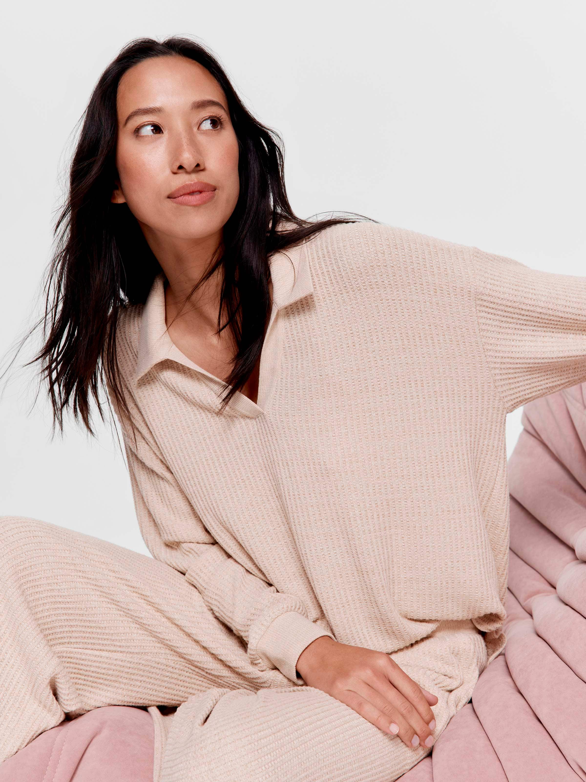 Caramel Brushed Waffle Polo Long Sleeve Top